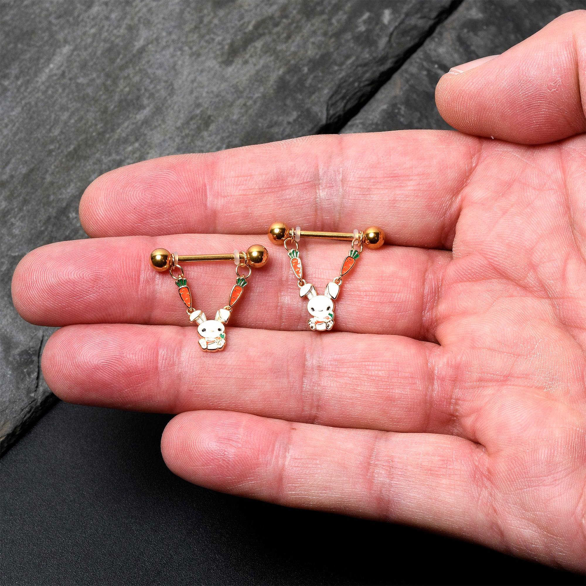 14G 9/16 Gold Tone Cutie Easter Bunny Dangle Nipple Ring Set