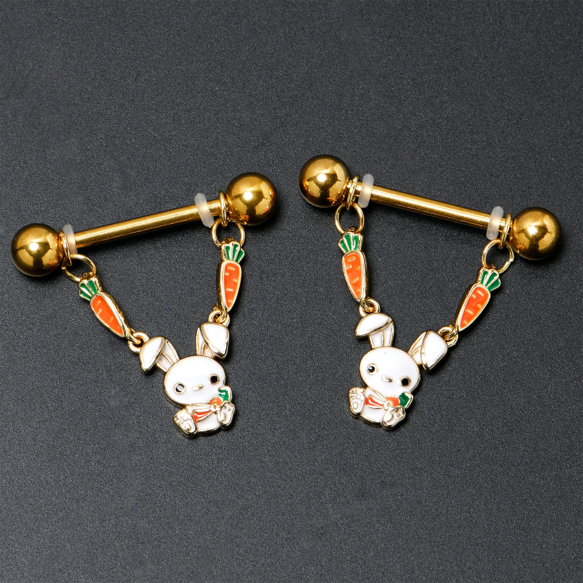 14G 9/16 Gold Tone Cutie Easter Bunny Dangle Nipple Ring Set