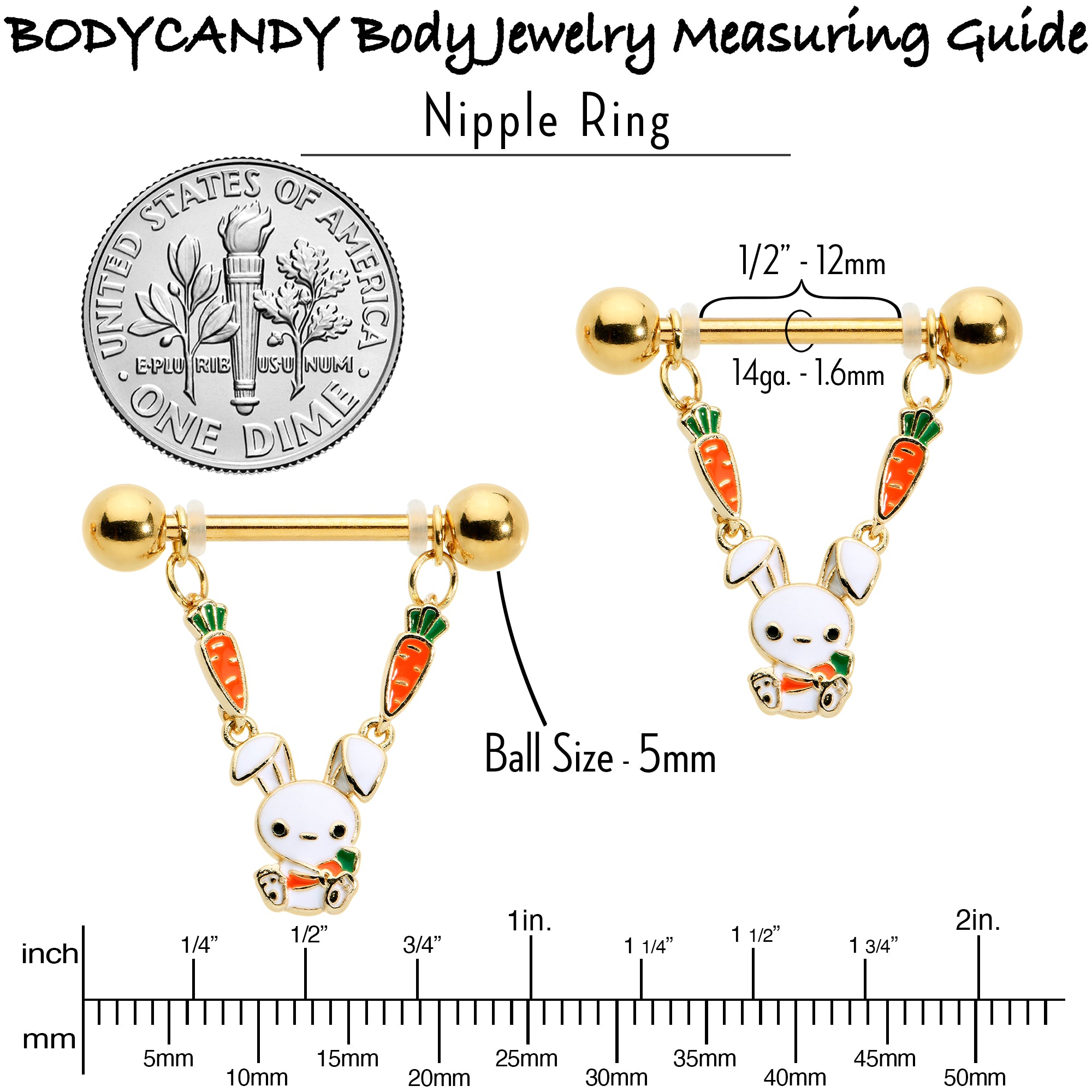 14G 9/16 Gold Tone Cutie Easter Bunny Dangle Nipple Ring Set