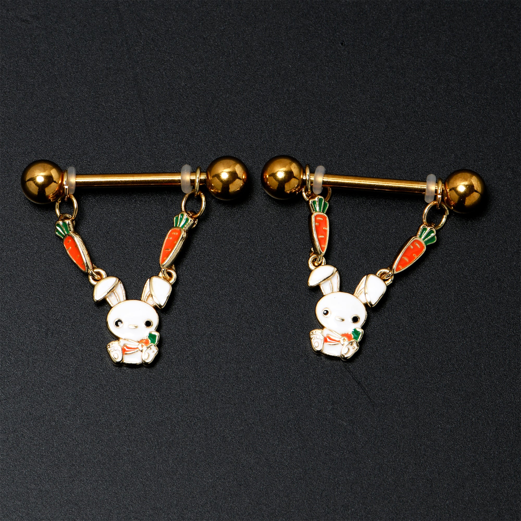 14G 9/16 Gold Tone Cutie Easter Bunny Dangle Nipple Ring Set
