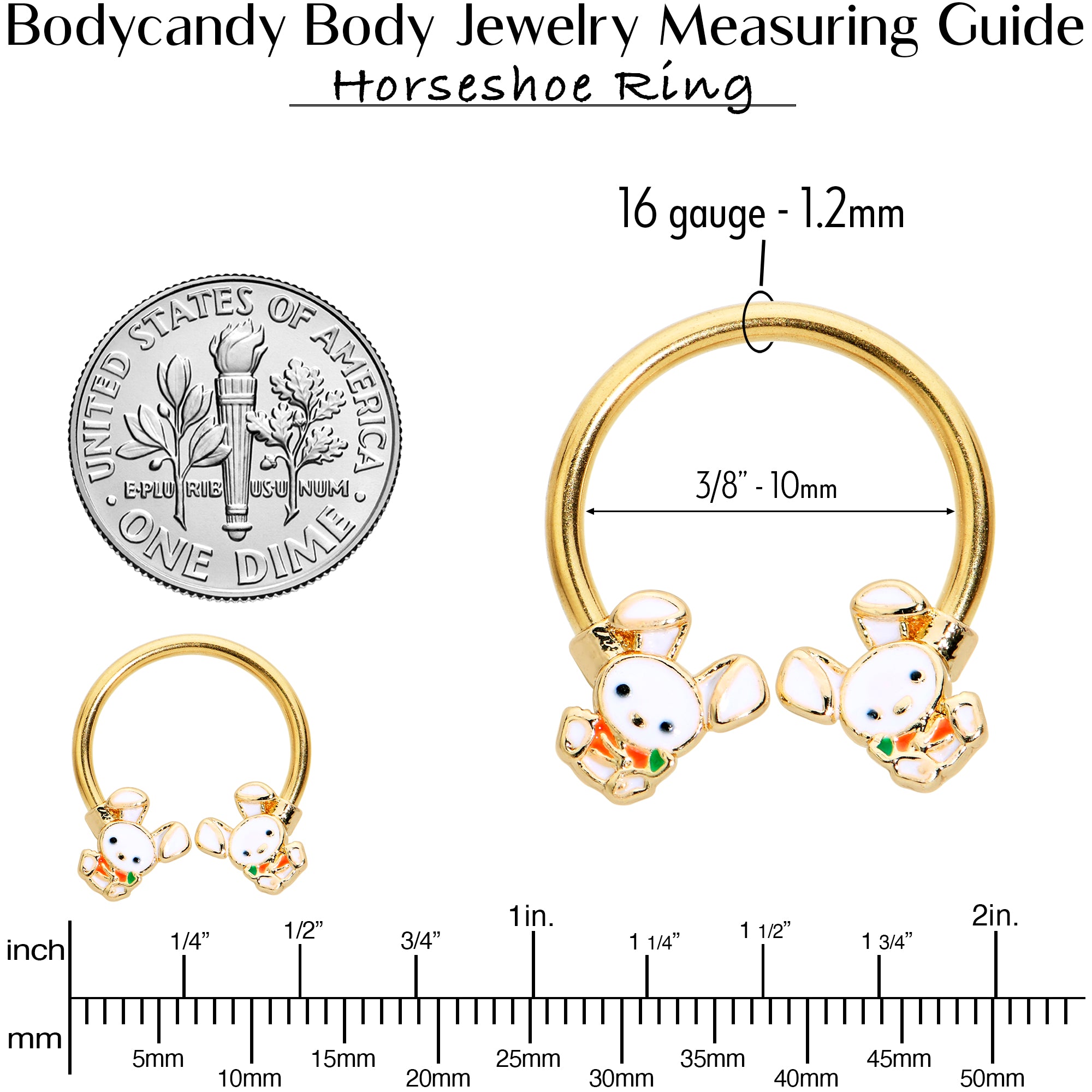 16G 3/8 Gold Tone Cutie Easter Bunny Horseshoe Circular Barbell