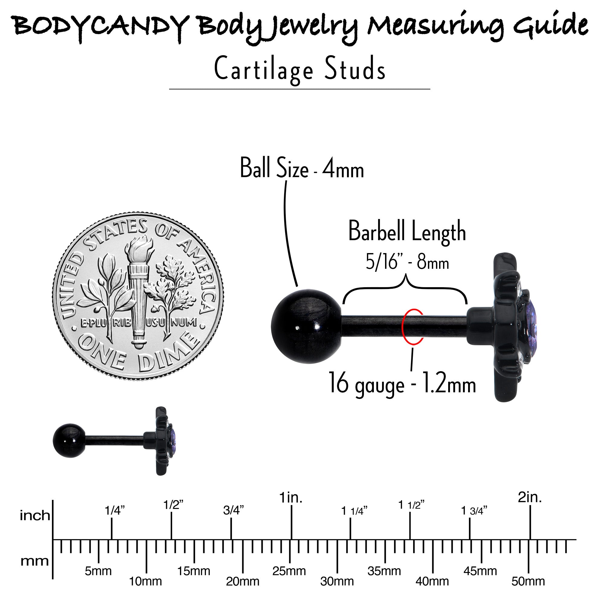 16G 1/4 Purple Gem Black Scrolling Hearts Cartilage Tragus Earring