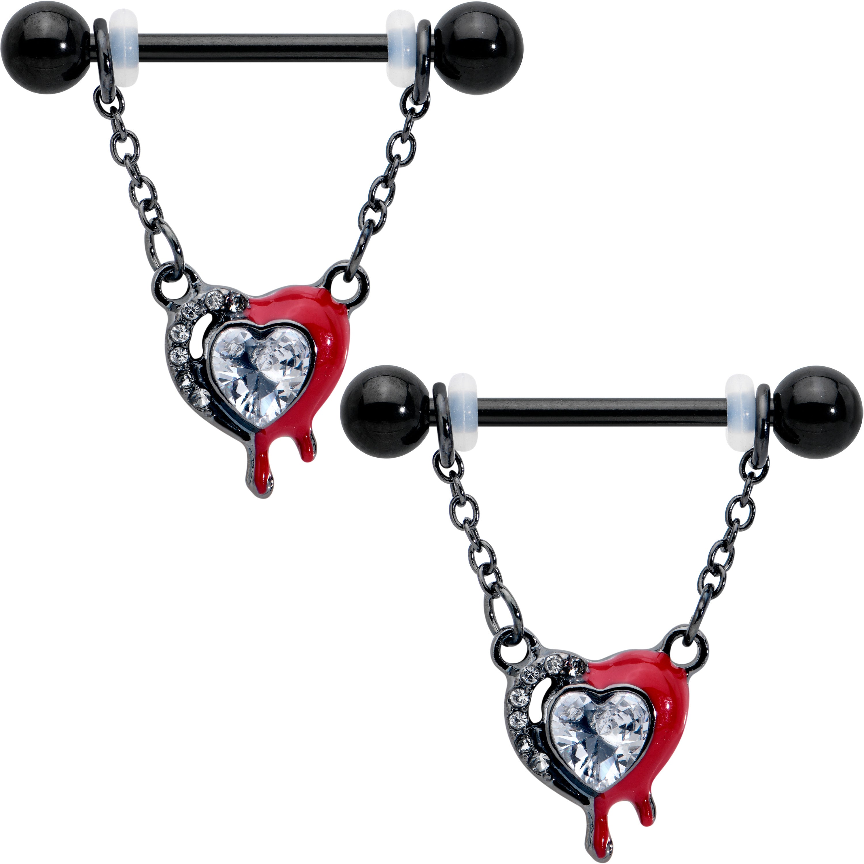 14G 9/16 Clear Gem Black Bleeding Heart Chain Dangle Nipple Ring Set