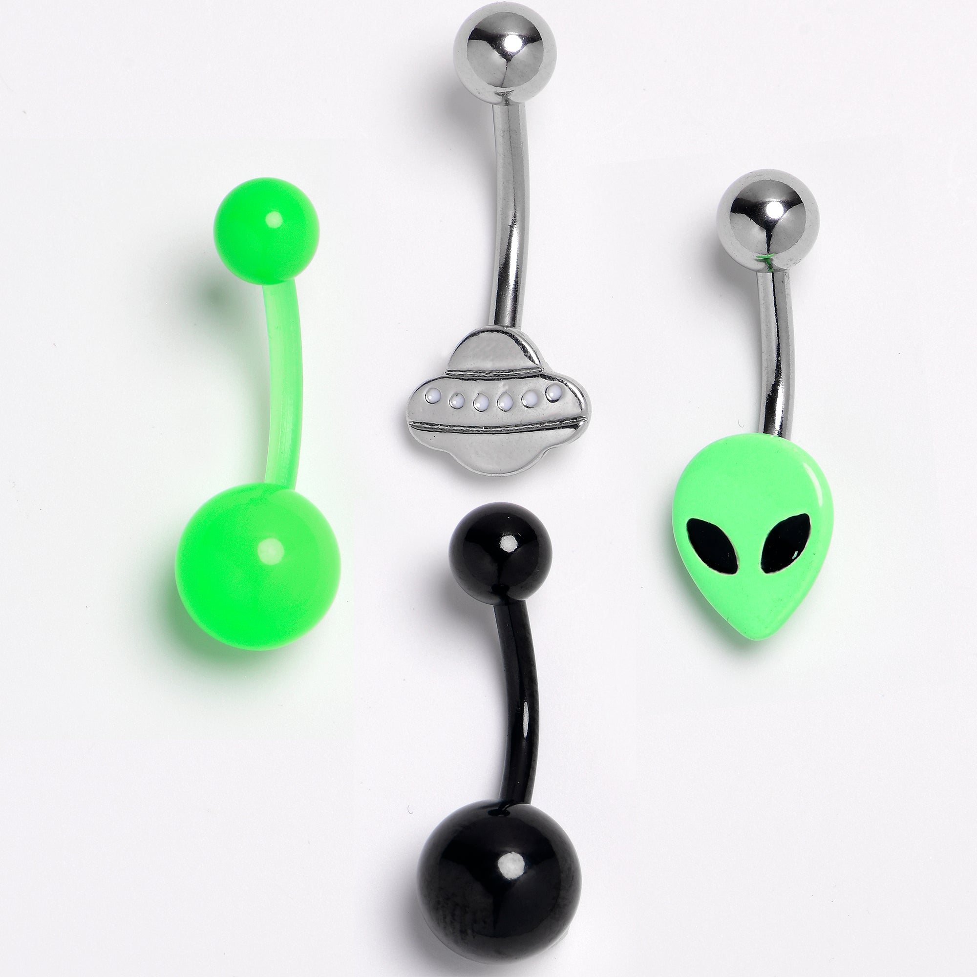Green Black Alien Spaceship Belly Ring Set of 4