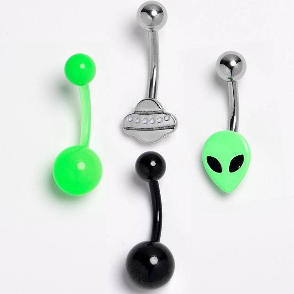 Green Black Alien Spaceship Belly Ring Set of 4