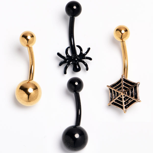 Gold Tone Black Web Spider Belly Ring Set of 4