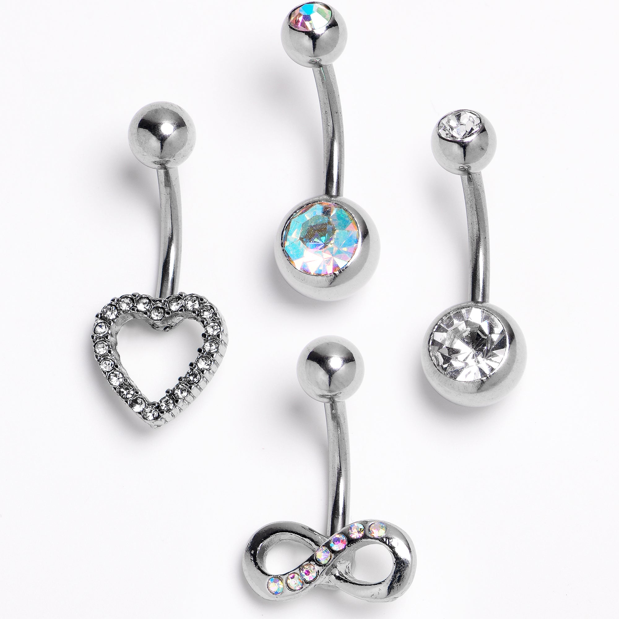 Clear Aurora Gem Heart Infinity Belly Ring Set of 4