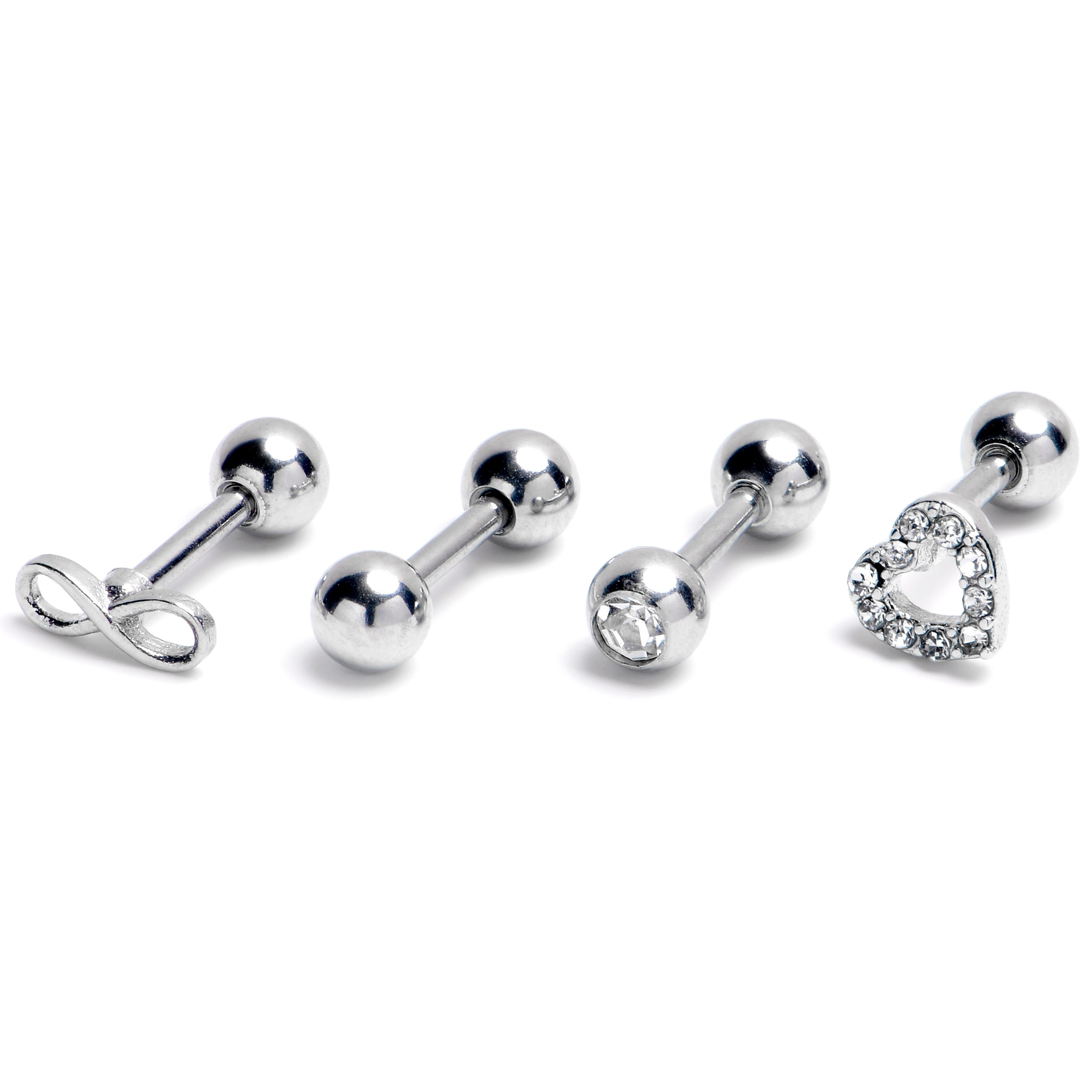 16G 1/4 Clear Gem Heart Infinity Sign Cartilage Earring Curation Set of 4