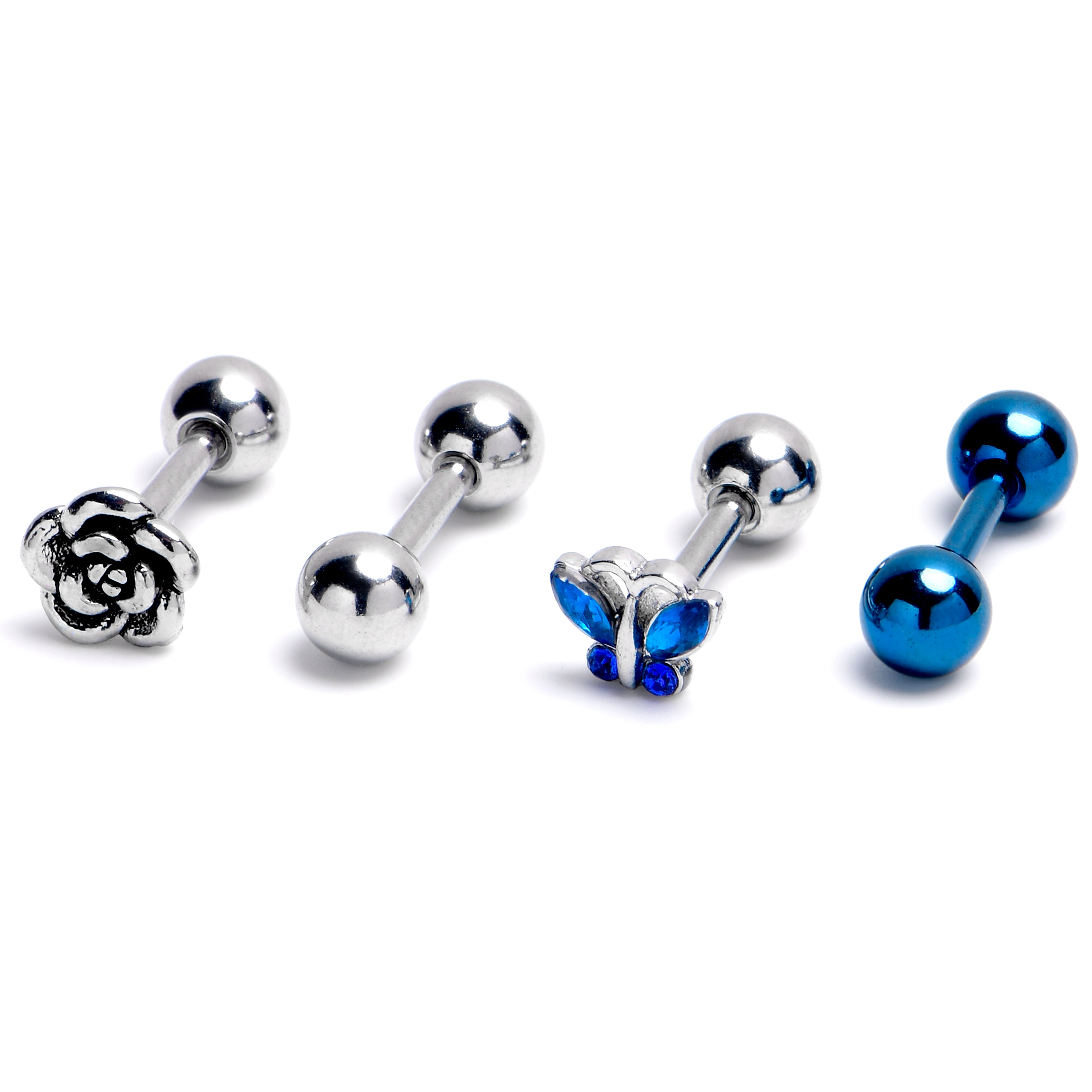 16G 1/4 Blue Butterfly Rose Flower Cartilage Earring Curation Set of 4