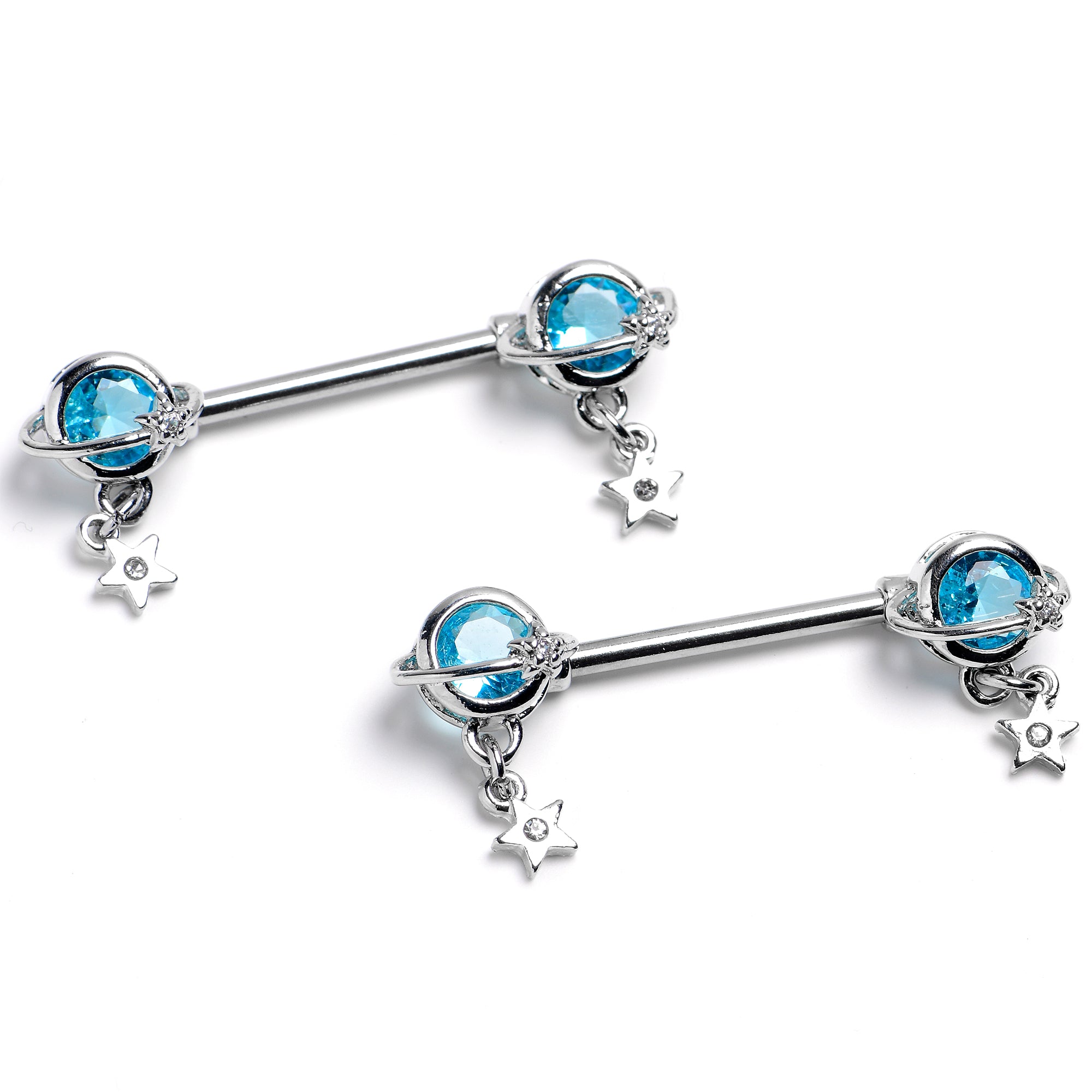 14G 9/16 Blue CZ Gem Starry Saturn Dangle Nipple Ring Set