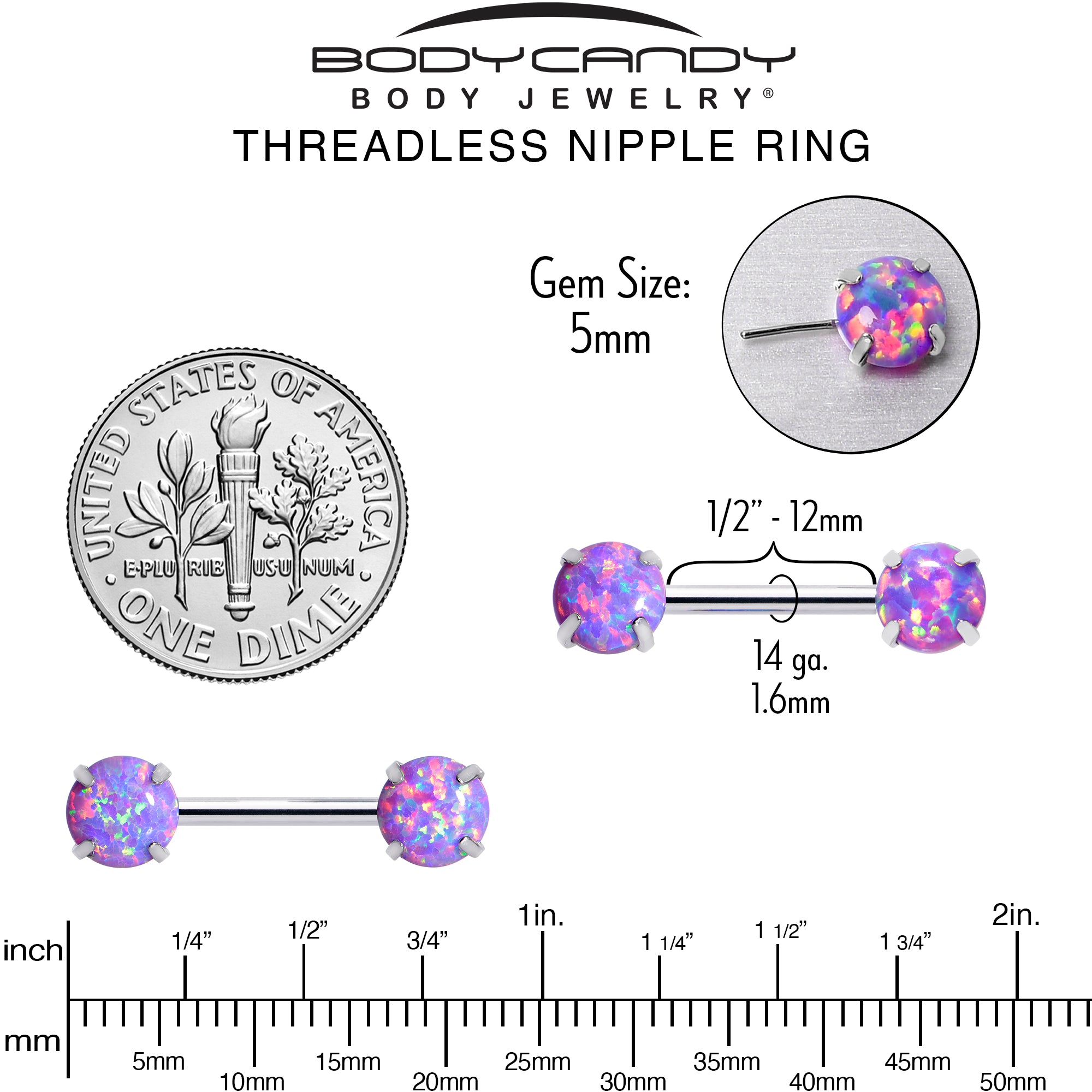 14G 1/2 Purple Synthetic Opal Threadless Barbell Nipple Ring Set