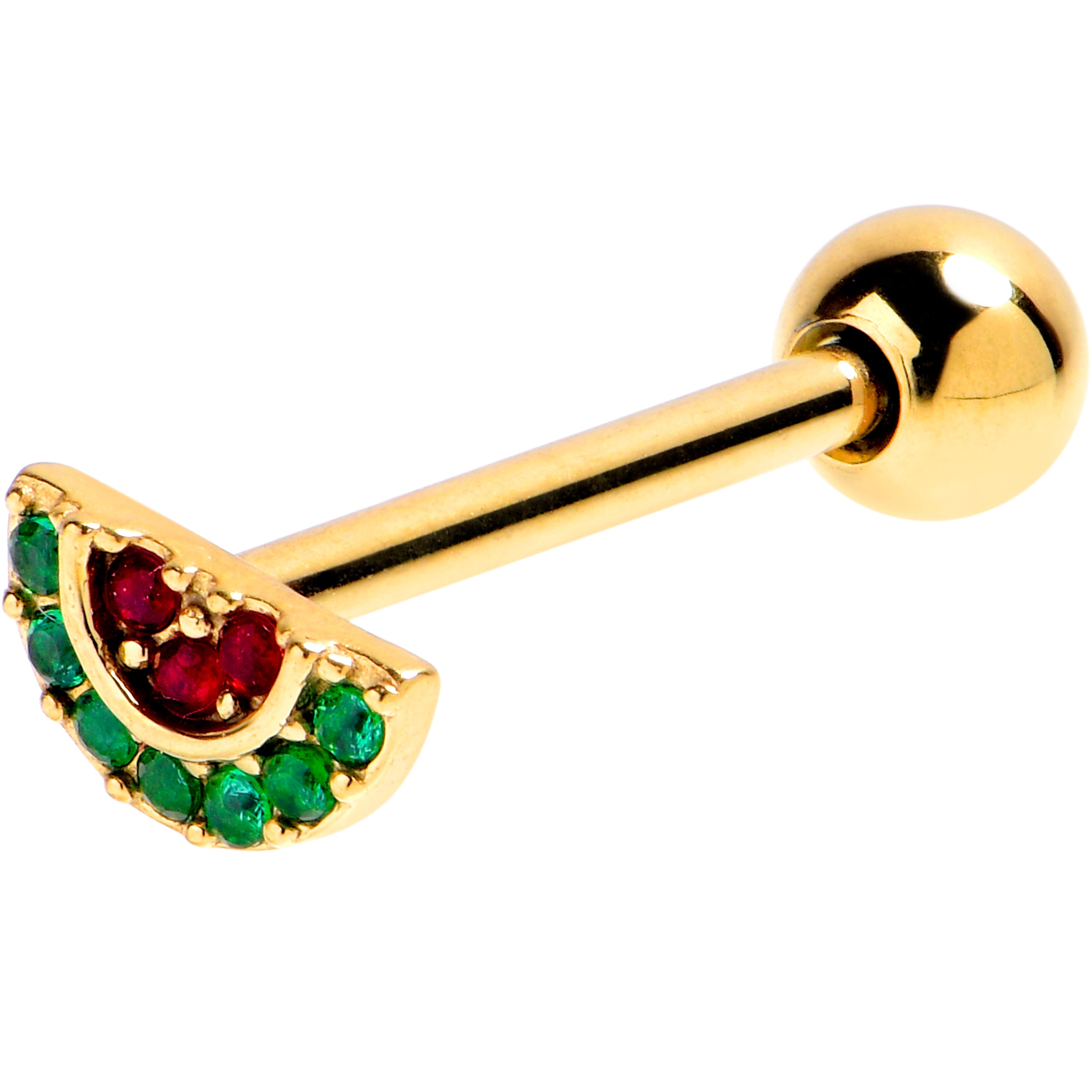 Red Green Gem Gold Tone Yum Watermelon Slice Barbell Tongue Ring