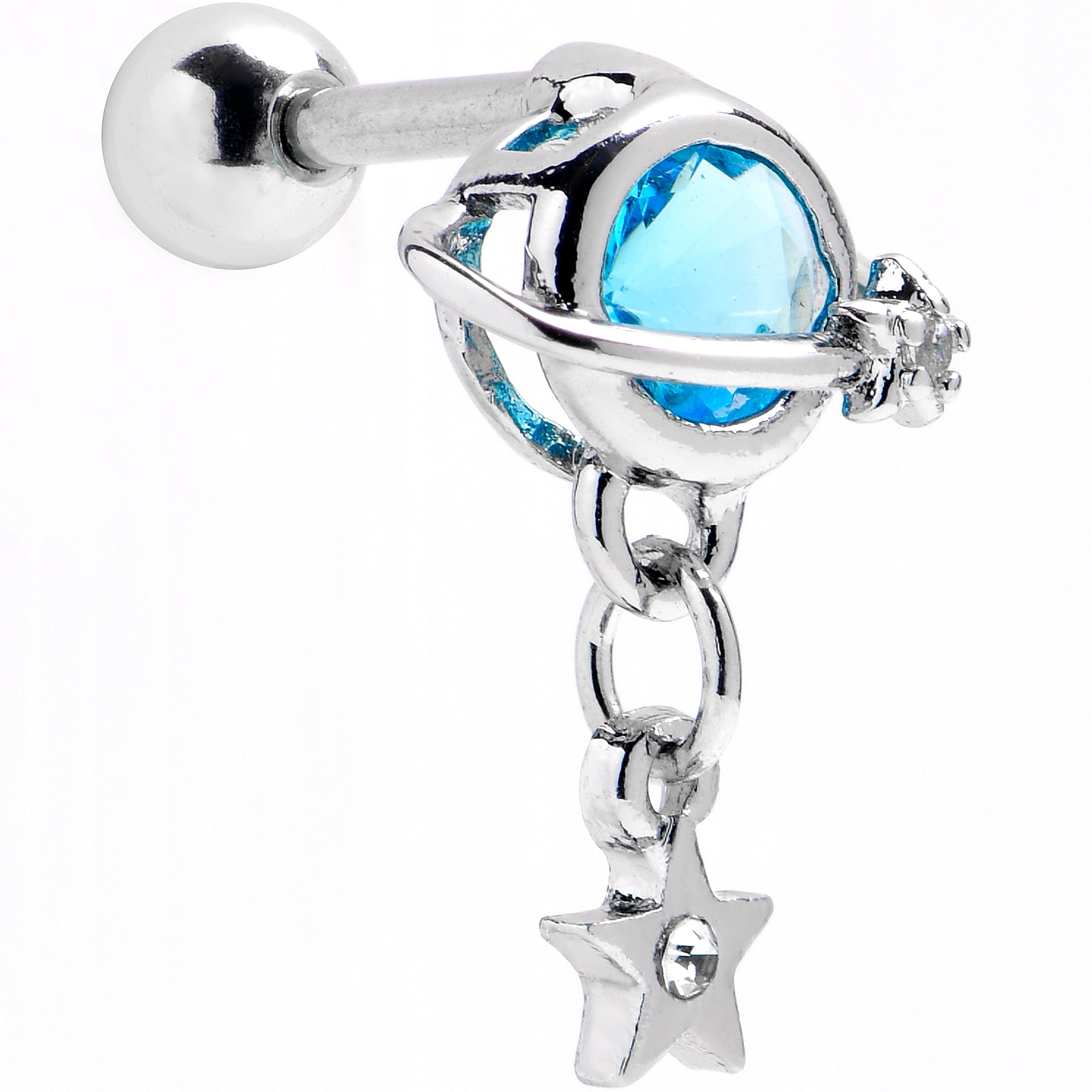 16G 1/4 Blue CZ Gem Starry Saturn Dangle Cartilage Tragus Earring