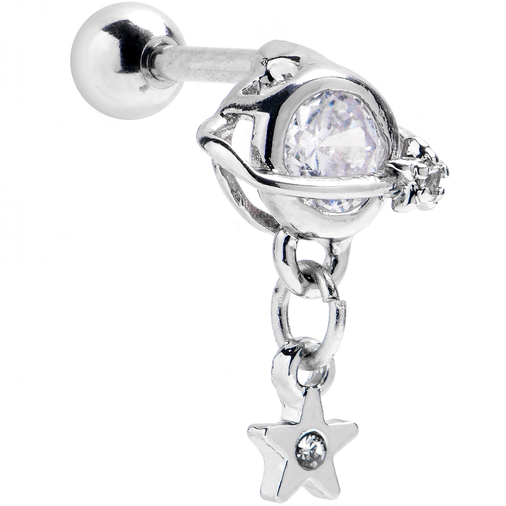 16G 1/4 Clear CZ Gem Starry Saturn Dangle Cartilage Tragus Earring