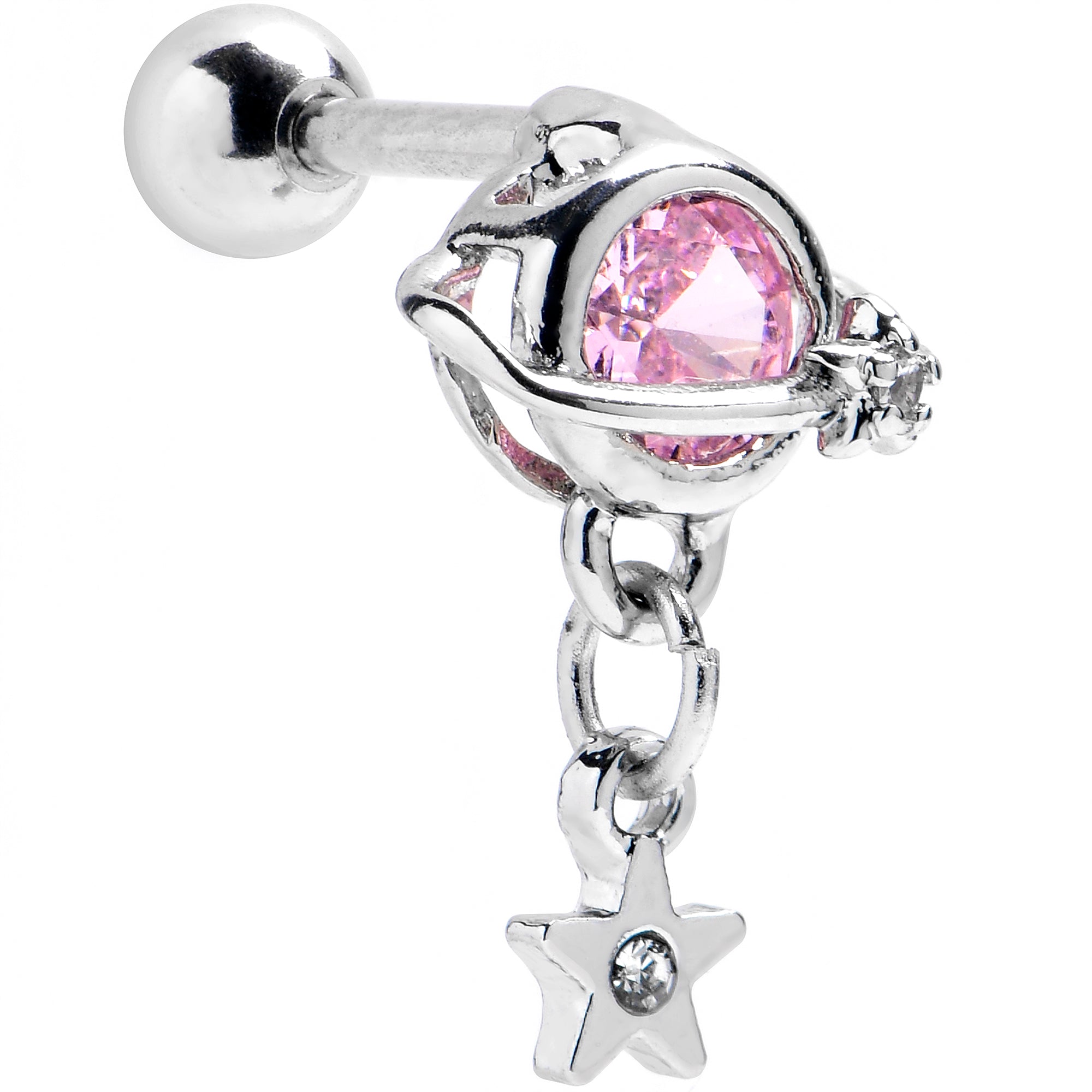 16G 1/4 Pink CZ Gem Starry Saturn Dangle Cartilage Tragus Earring