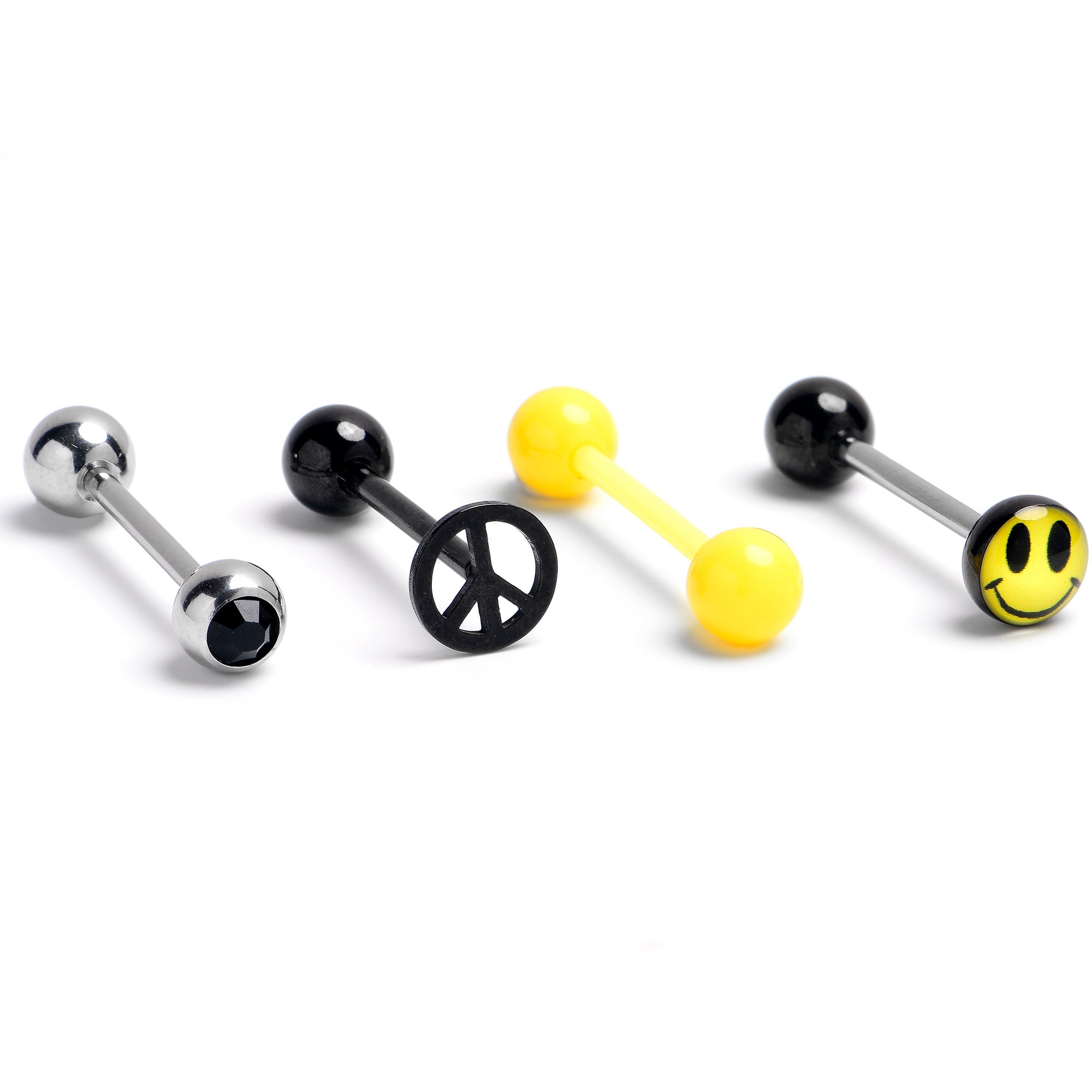 Black Gem Yellow Peace Sign Barbell Tongue Ring Set of 4