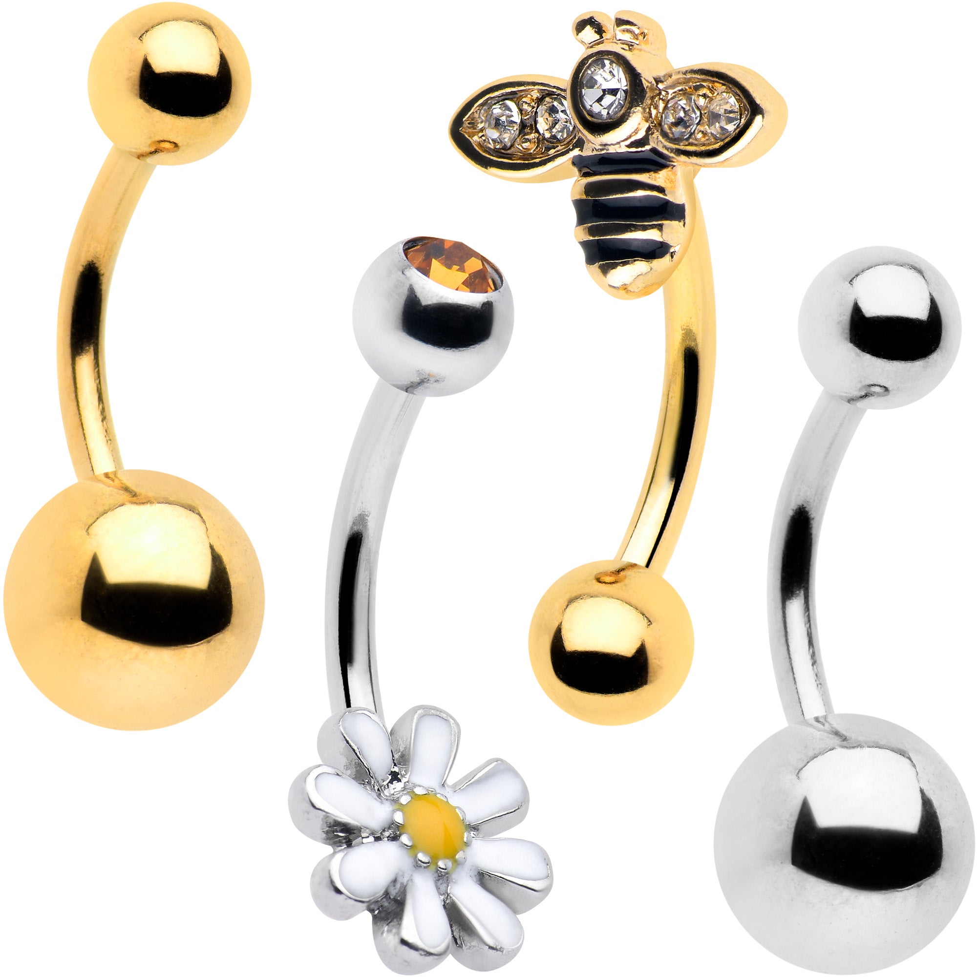 Clear Yellow Gem Gold Tone Bee Flower Belly Ring Set of 4