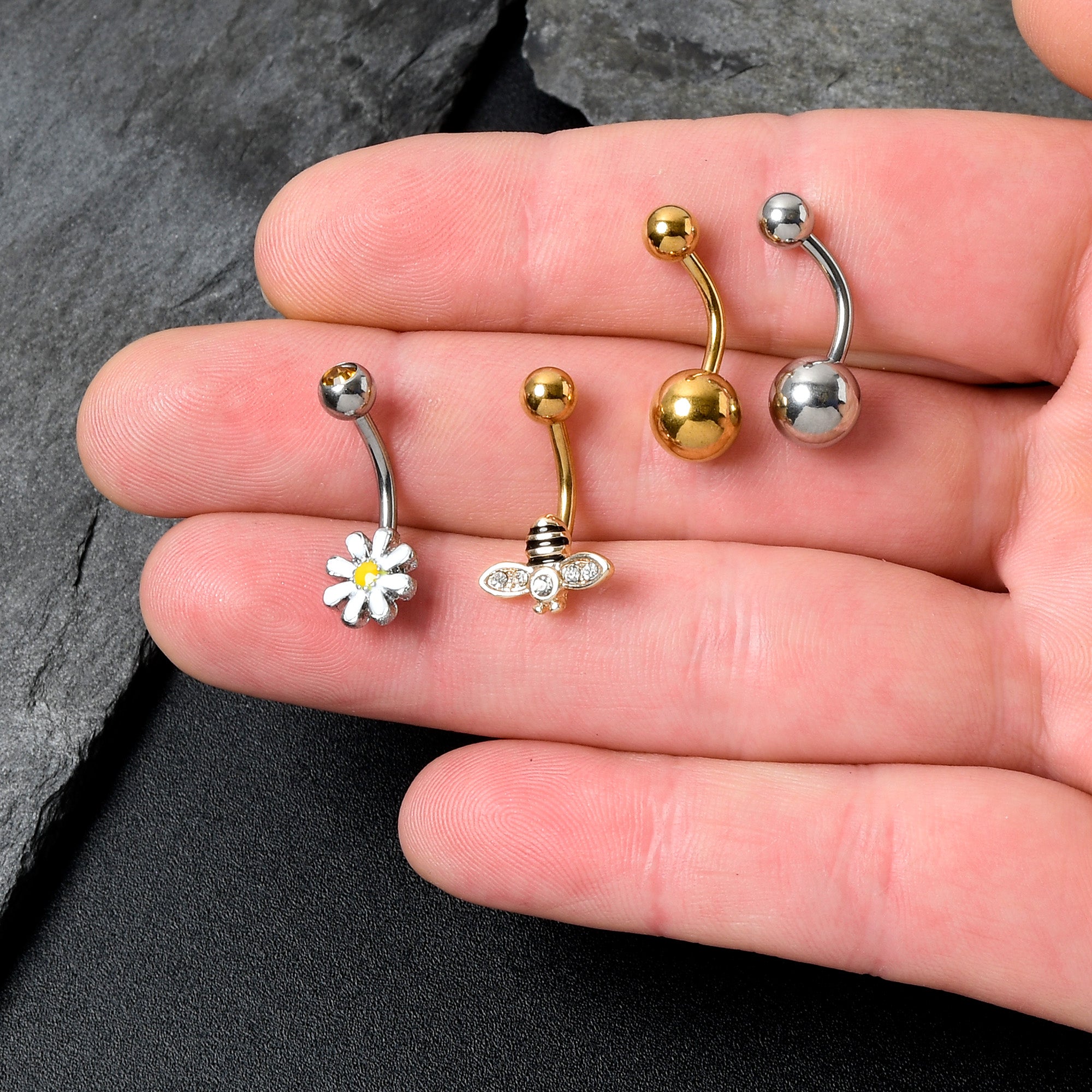 Clear Yellow Gem Gold Tone Bee Flower Belly Ring Set of 4