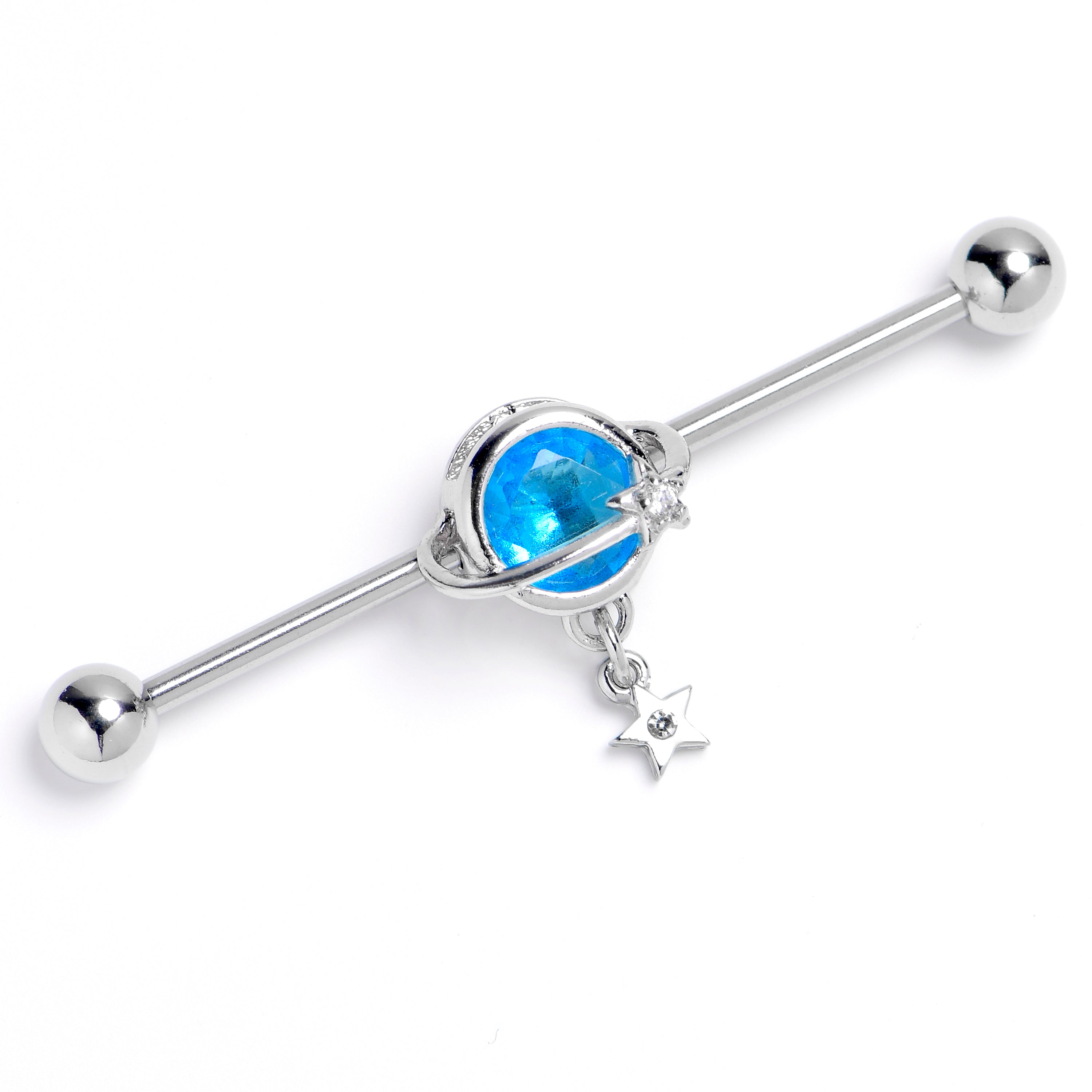 14G Blue Clear Gem Starry Saturn Industrial Barbell 38mm