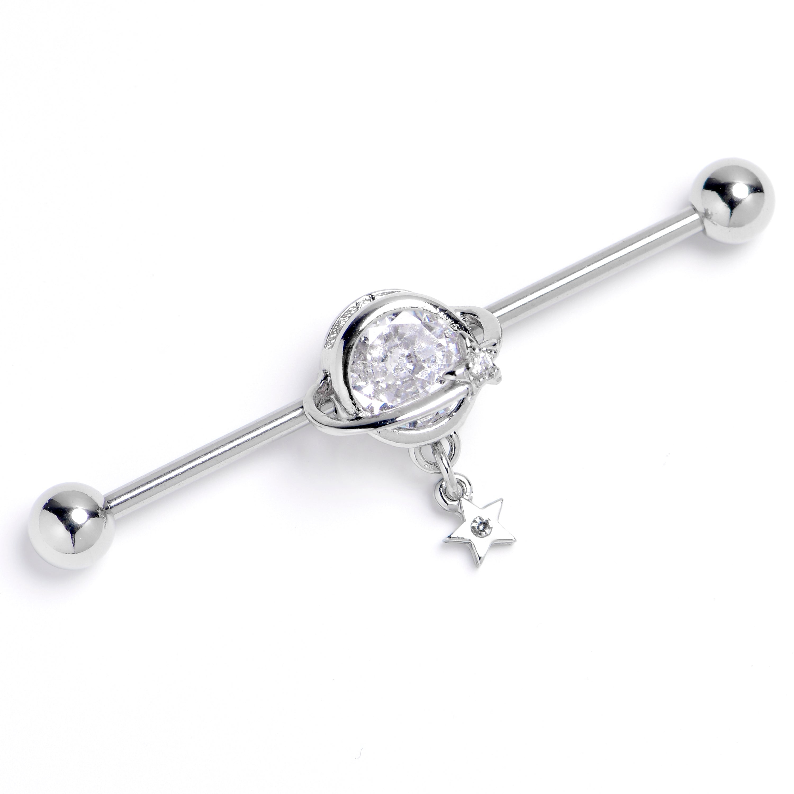 14G Clear Gem Starry Saturn Dangle Industrial Barbell 38mm