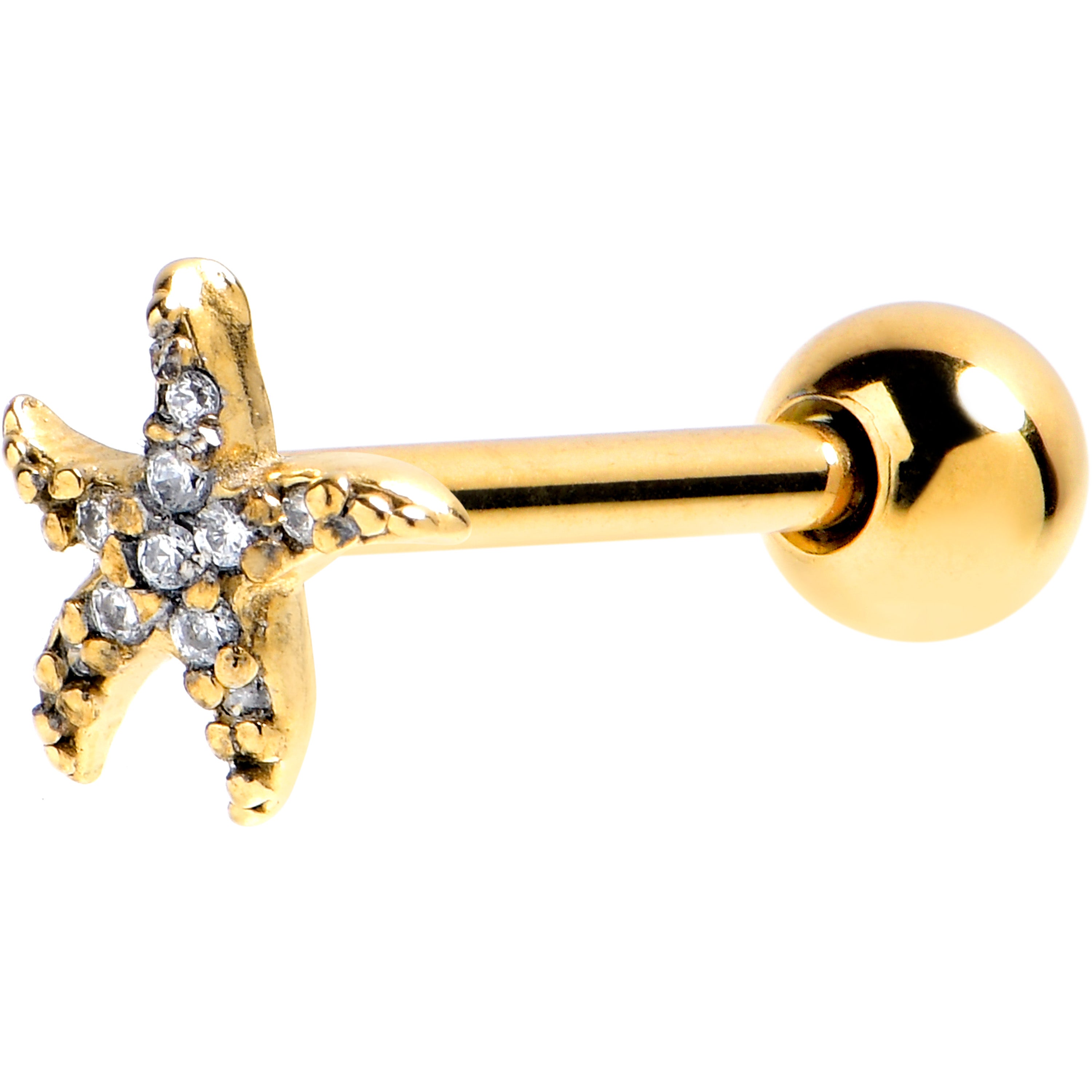 Clear CZ Gem Gold Tone Lush Starfish Barbell Tongue Ring