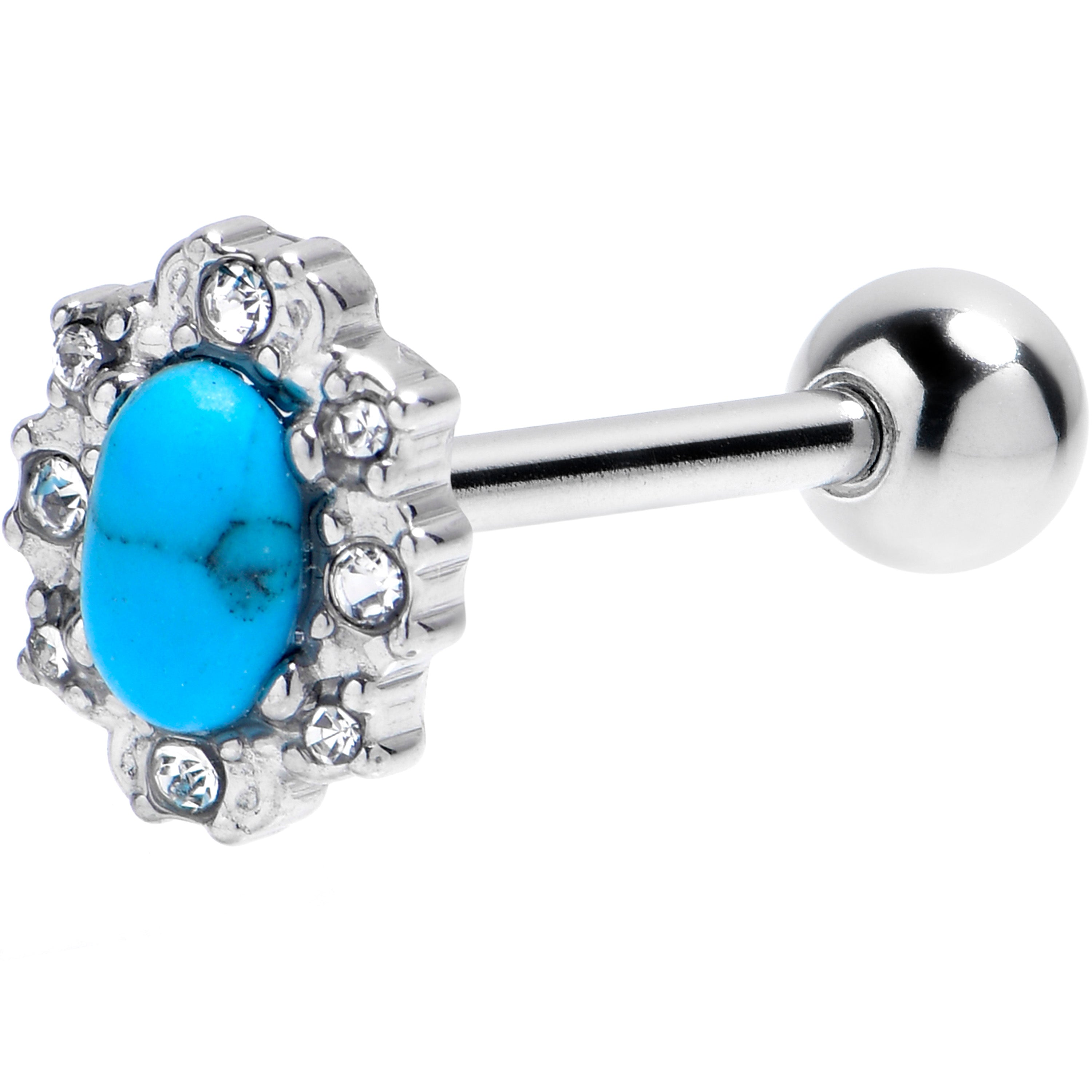 Blue Turquoise Stone Filigree Square Barbell Tongue Ring