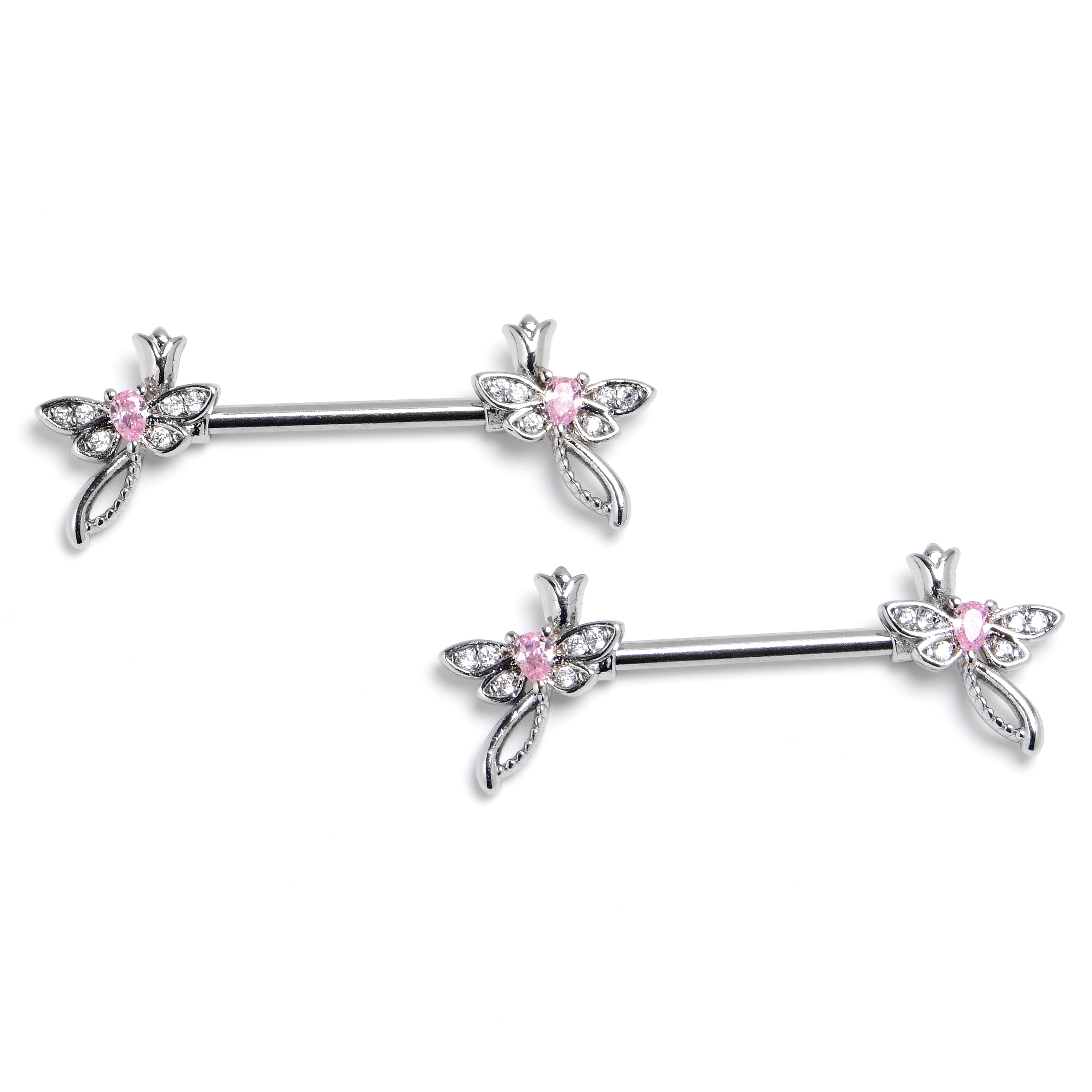 14G 9/16 Pink Gem Bold Dragonfly Barbell Nipple Ring Set