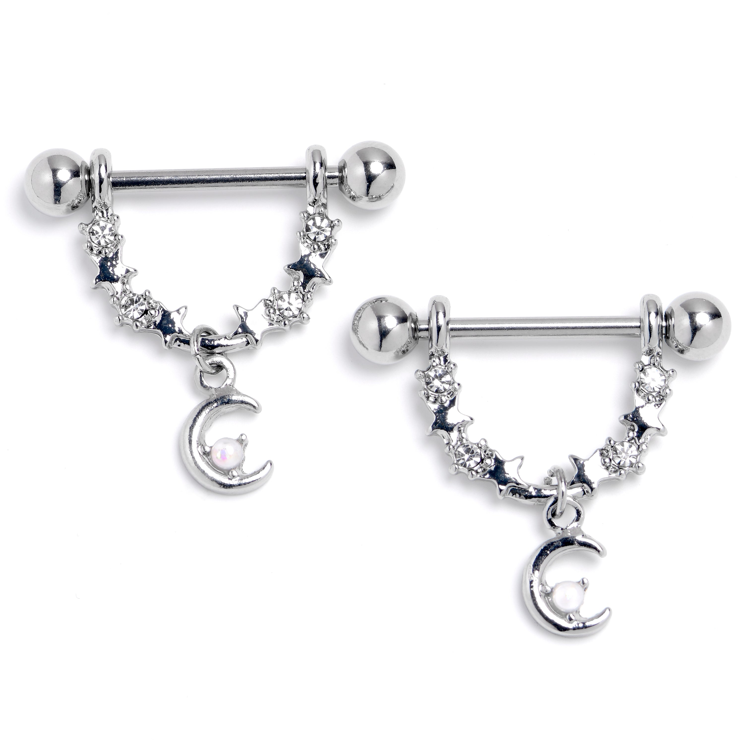 14G 9/16 Clear Gem Crescent Moon Stars Dangle Nipple Ring Set