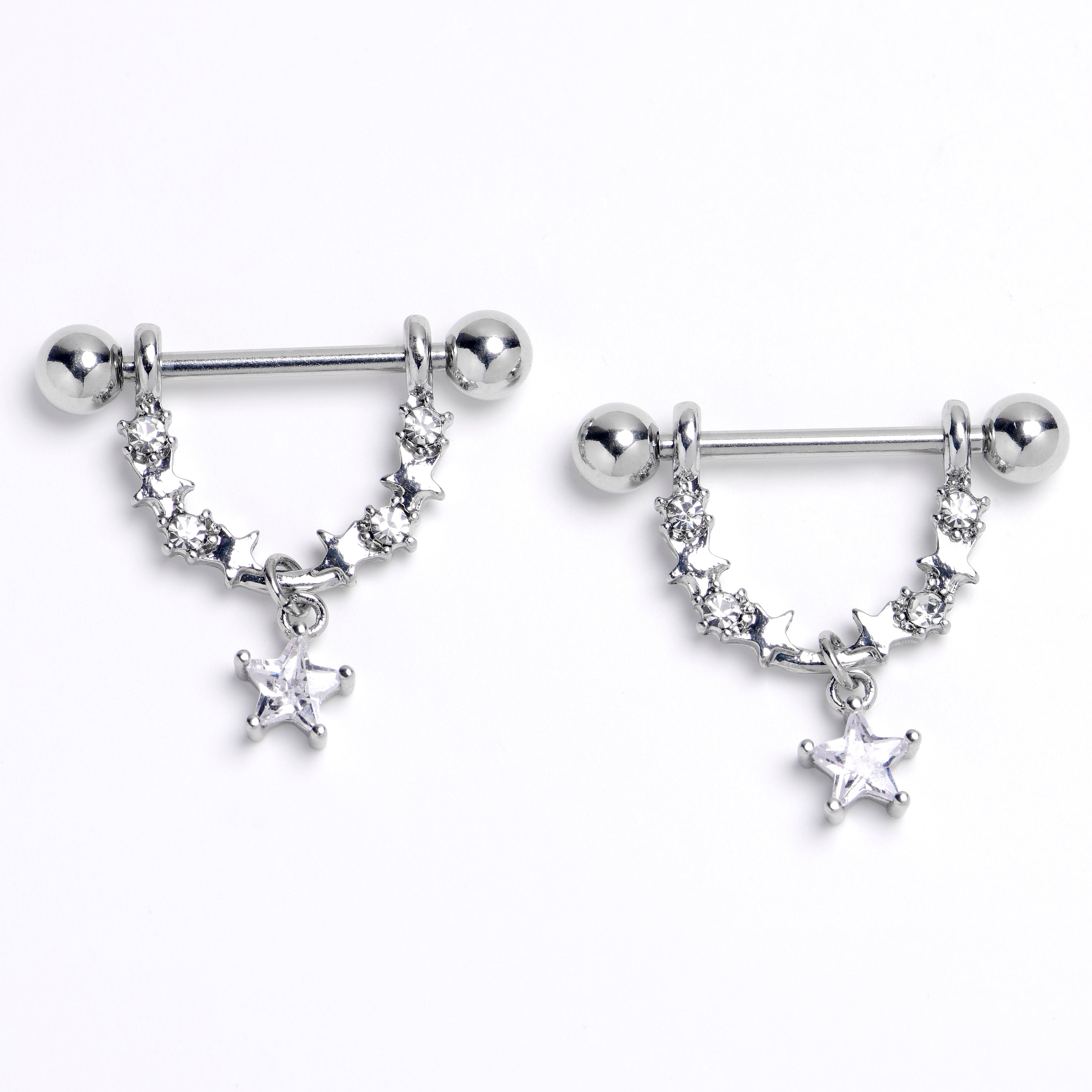 14G 9/16 Clear Gem All The Stars Dangle Nipple Ring Set