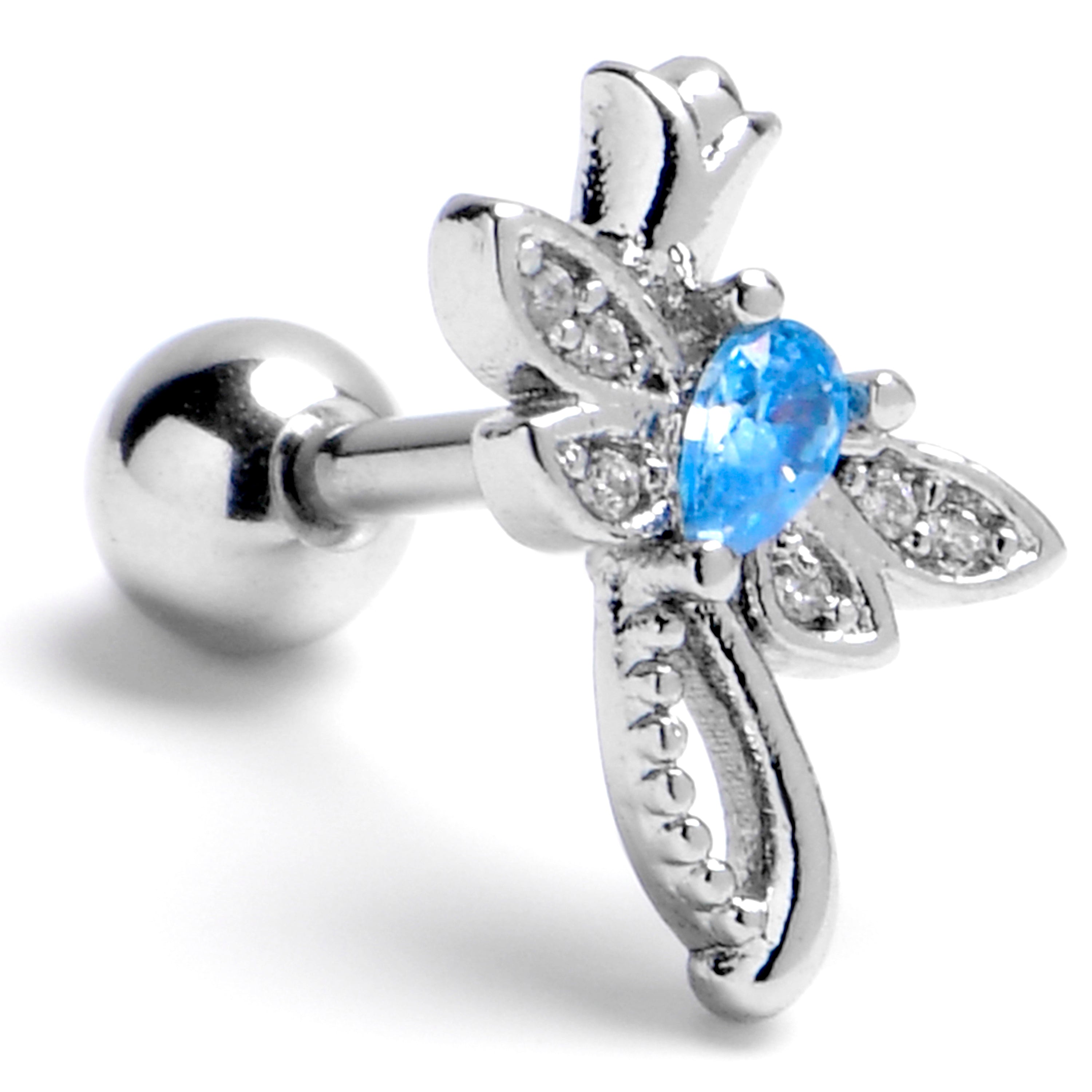 16G 1/4 Blue Gem Bold Dragonfly Cartilage Tragus Earring