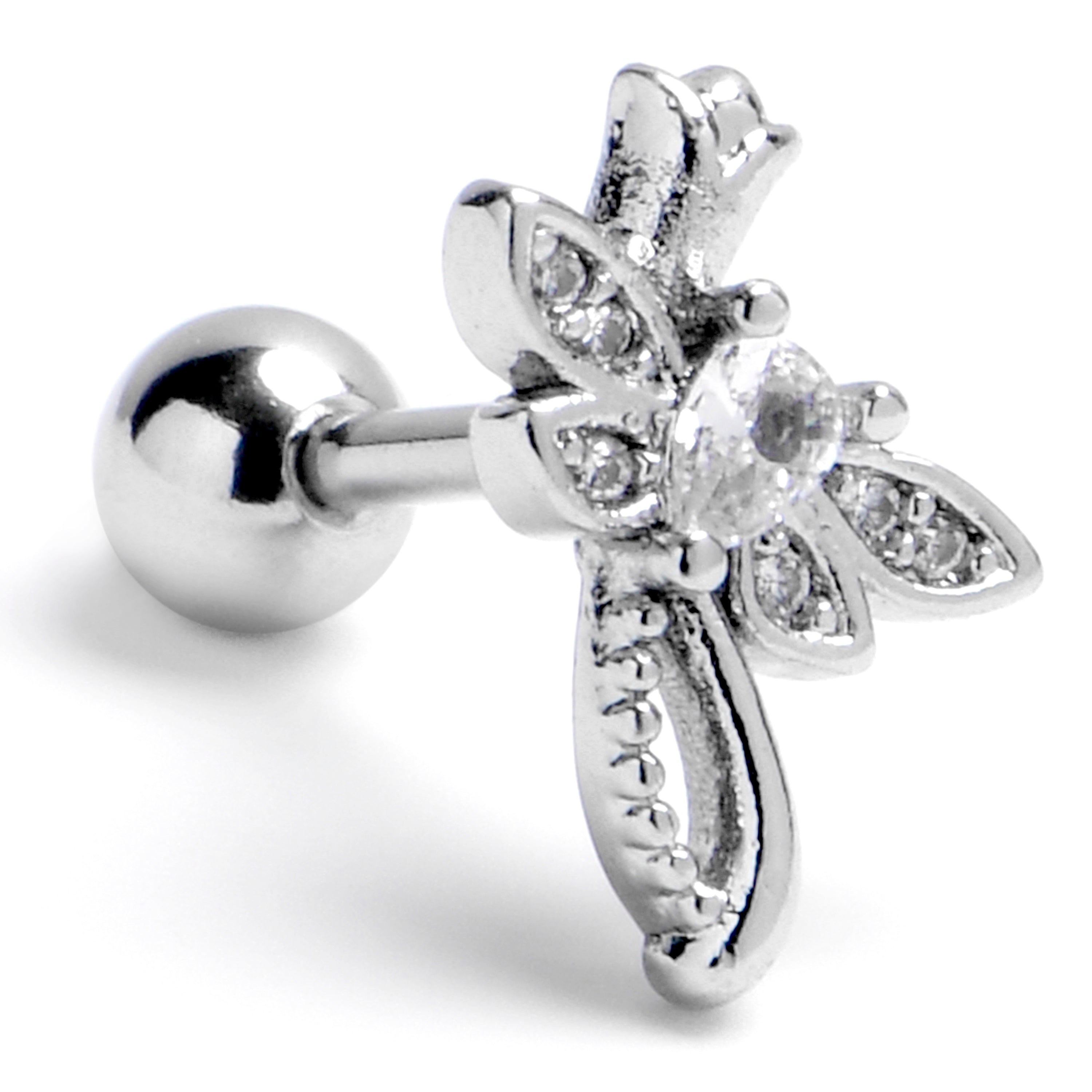 16G 1/4 Clear Gem Bold Dragonfly Cartilage Tragus Earring