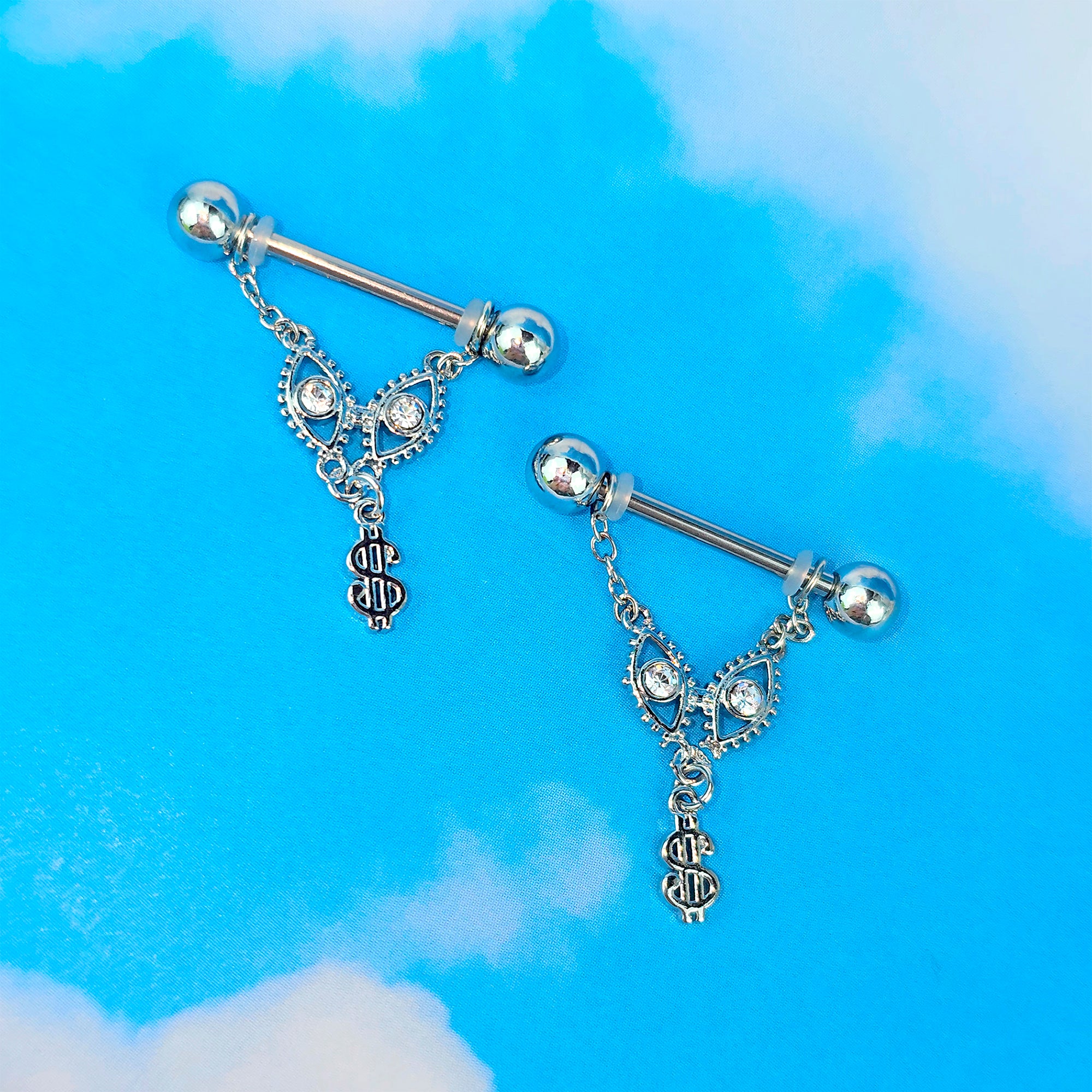 14G 9/16 Clear Gem Seeing Dollars Chain Dangle Nipple Ring Set