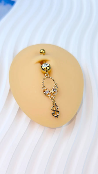 Clear Gem Gold Tone Seeing Money Dangle Belly Ring