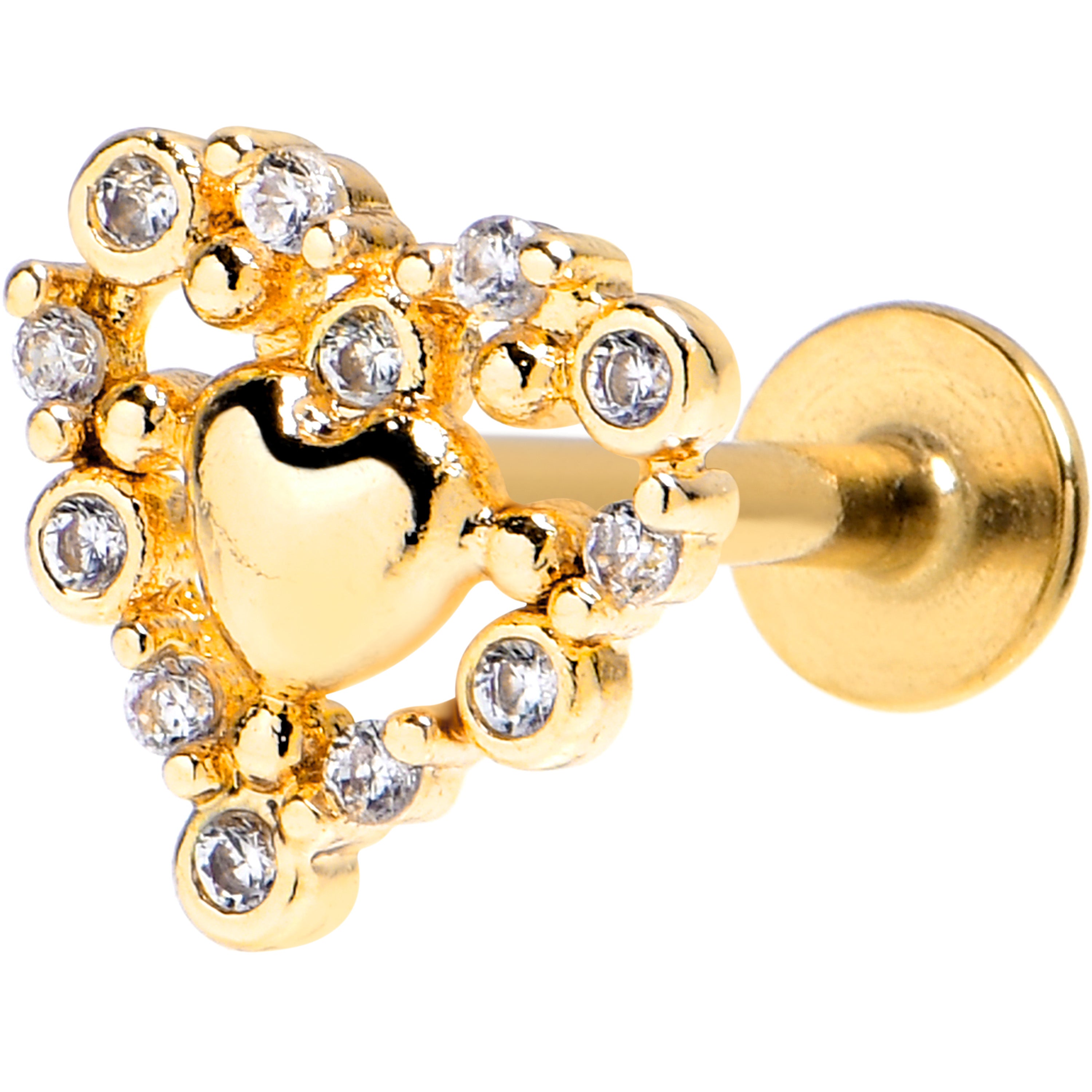 16G 5/16 Clear CZ Gem Gold Tone Heart Duo Labret Monroe Tragus