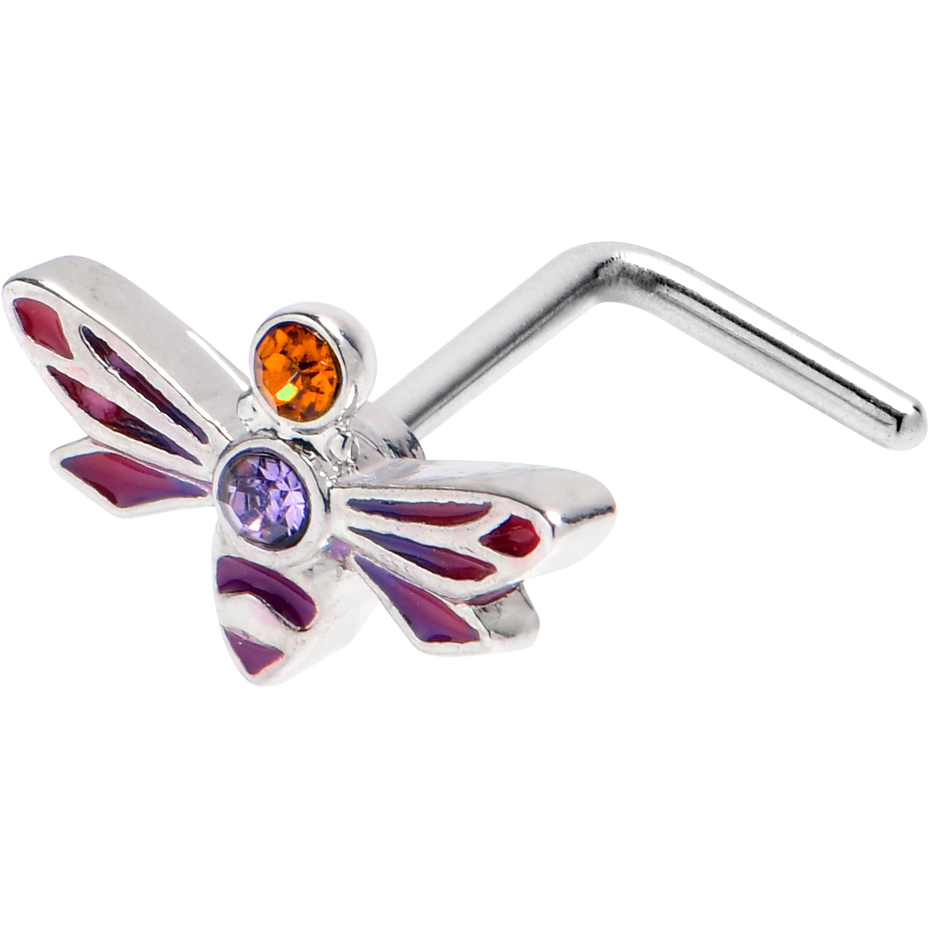 20G 7mm Purple Yellow Gem Dragonfly Stripe L Shape Nose Ring