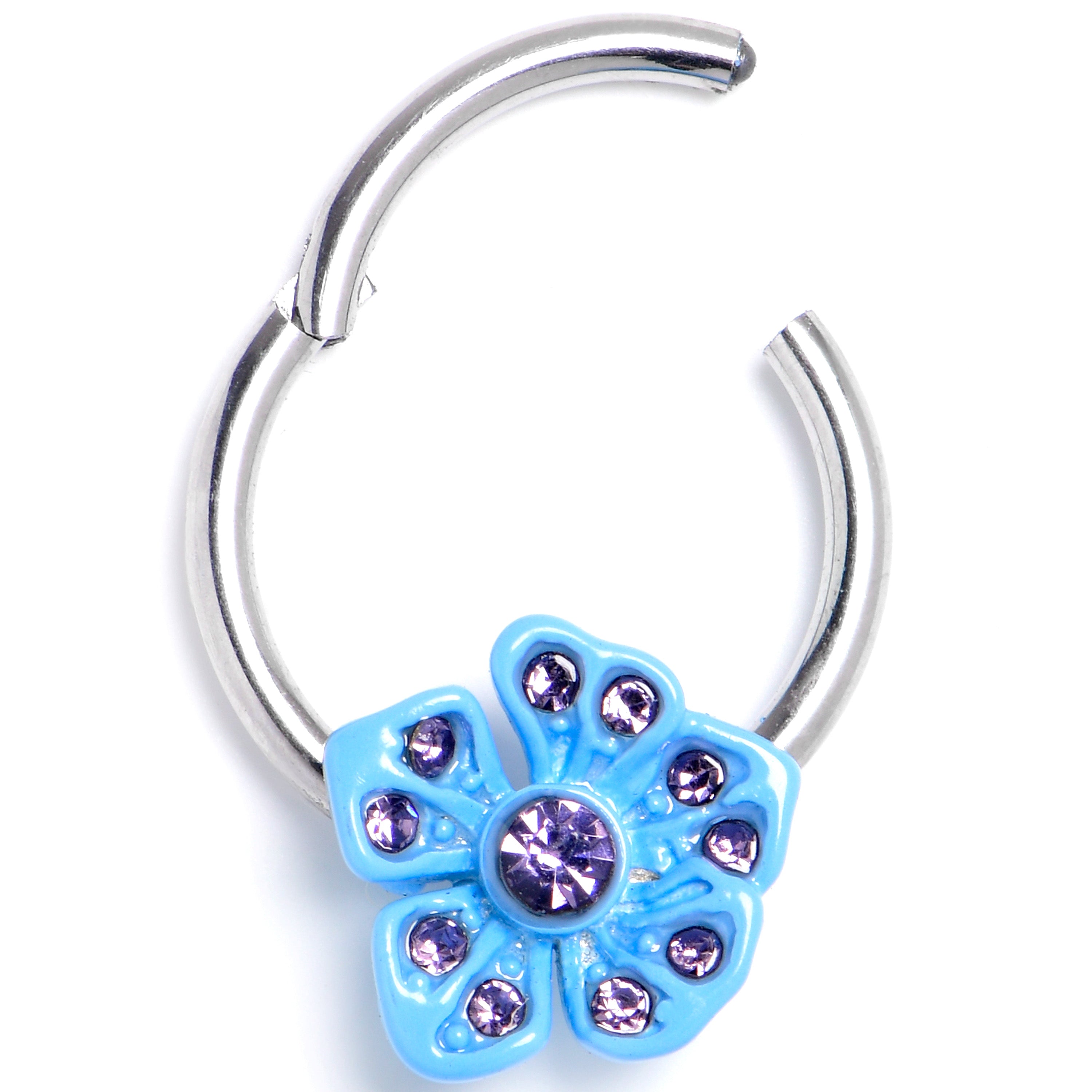 16G 3/8 Purple Gem Flower Blue Bloom Hinged Segment Ring