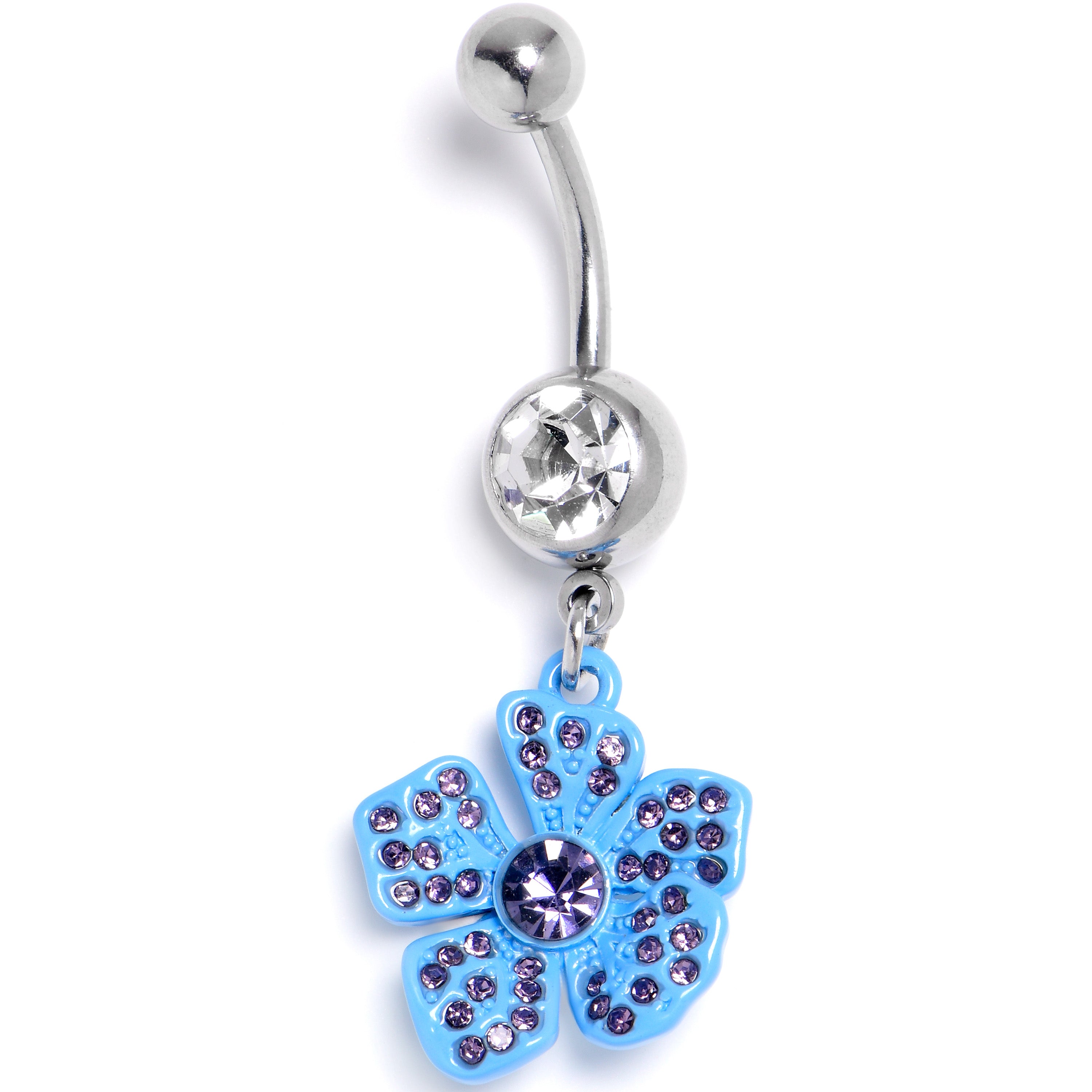Clear Purple Gem Flower Blue Bloom Dangle Belly Ring