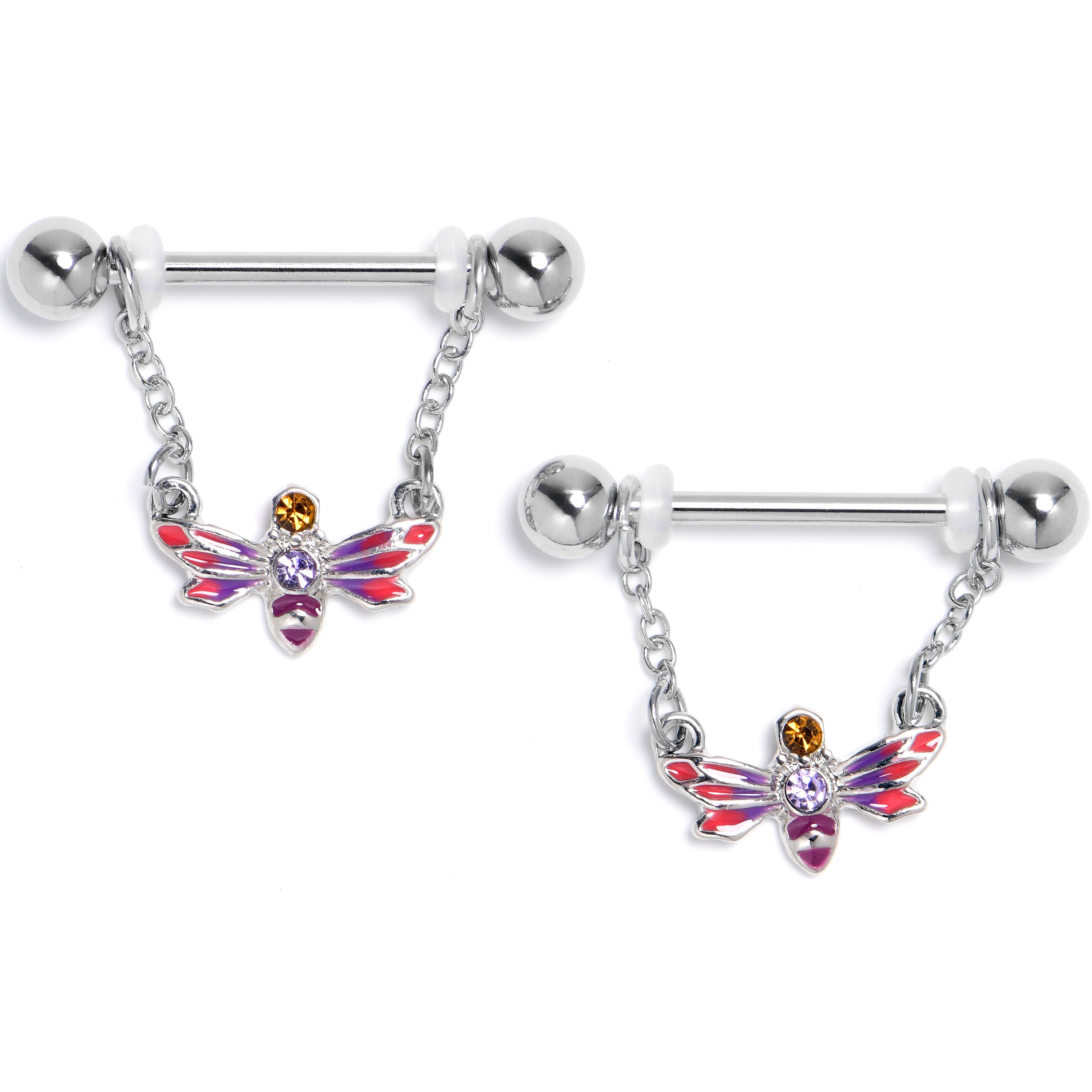 14G 9/16 Purple Yellow Gem Dragonfly Stripe Dangle Nipple Ring Set