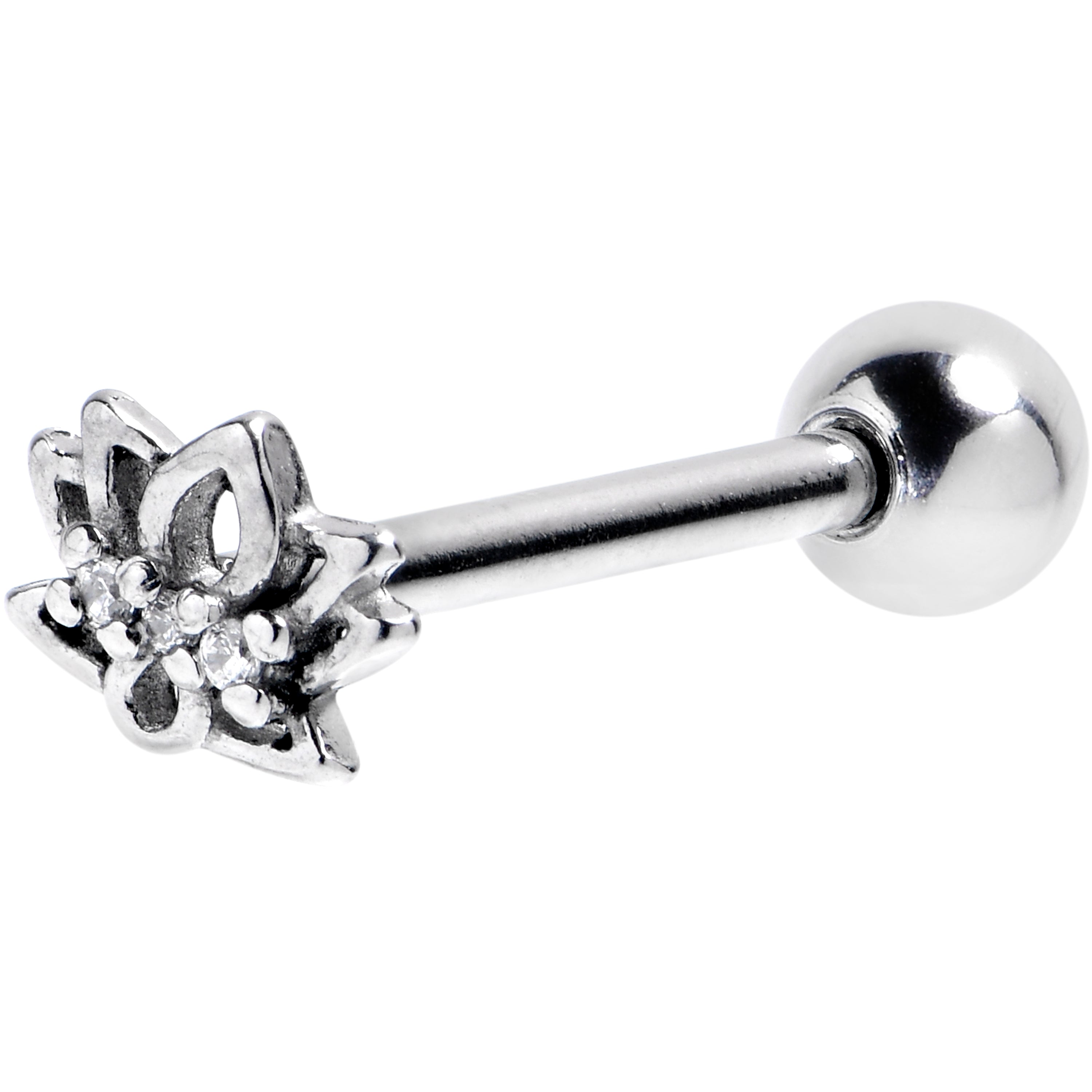 Clear CZ Gem Lush Lotus Flower Barbell Tongue Ring
