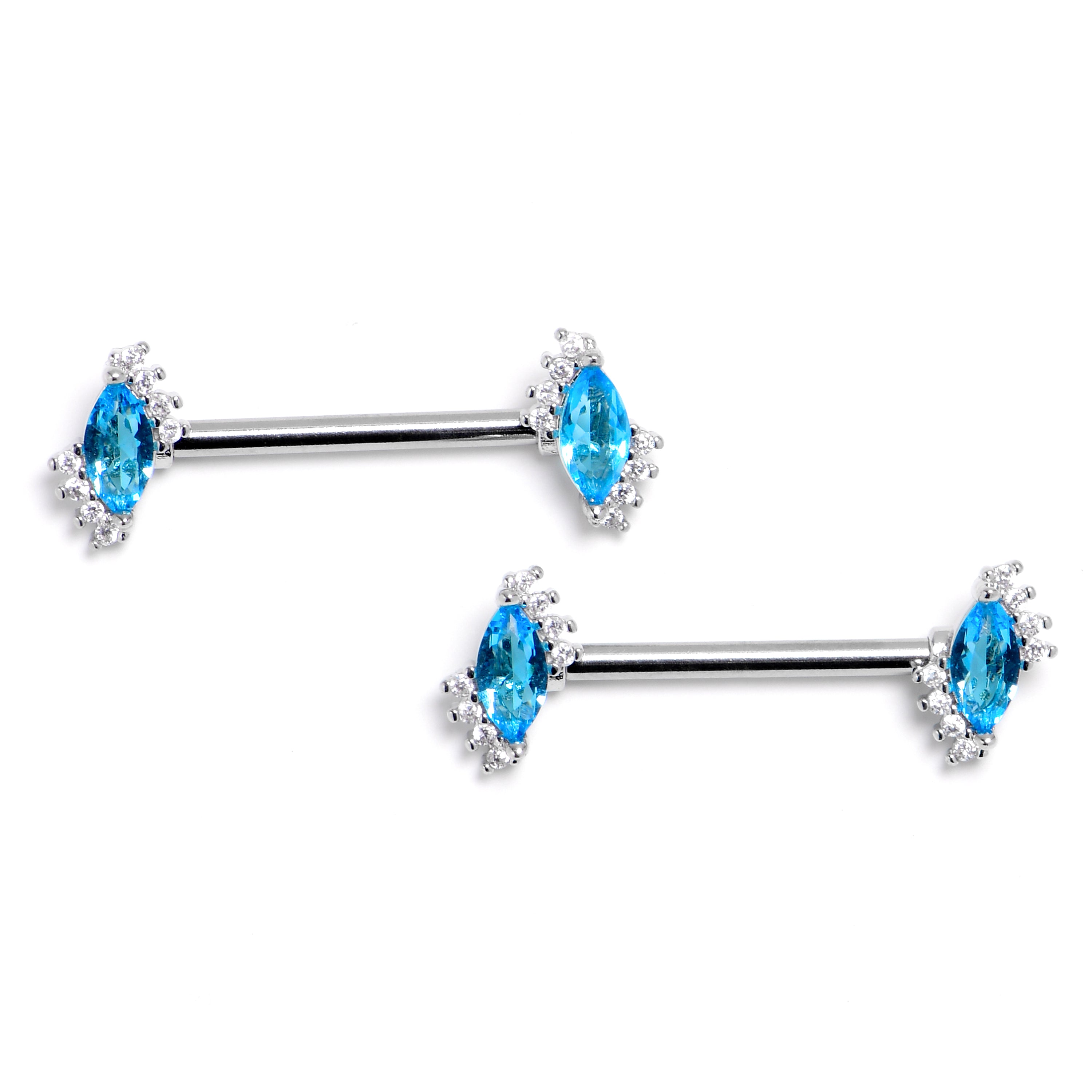 14G 9/16 Blue Gem Firey Drop Barbell Nipple Ring Set