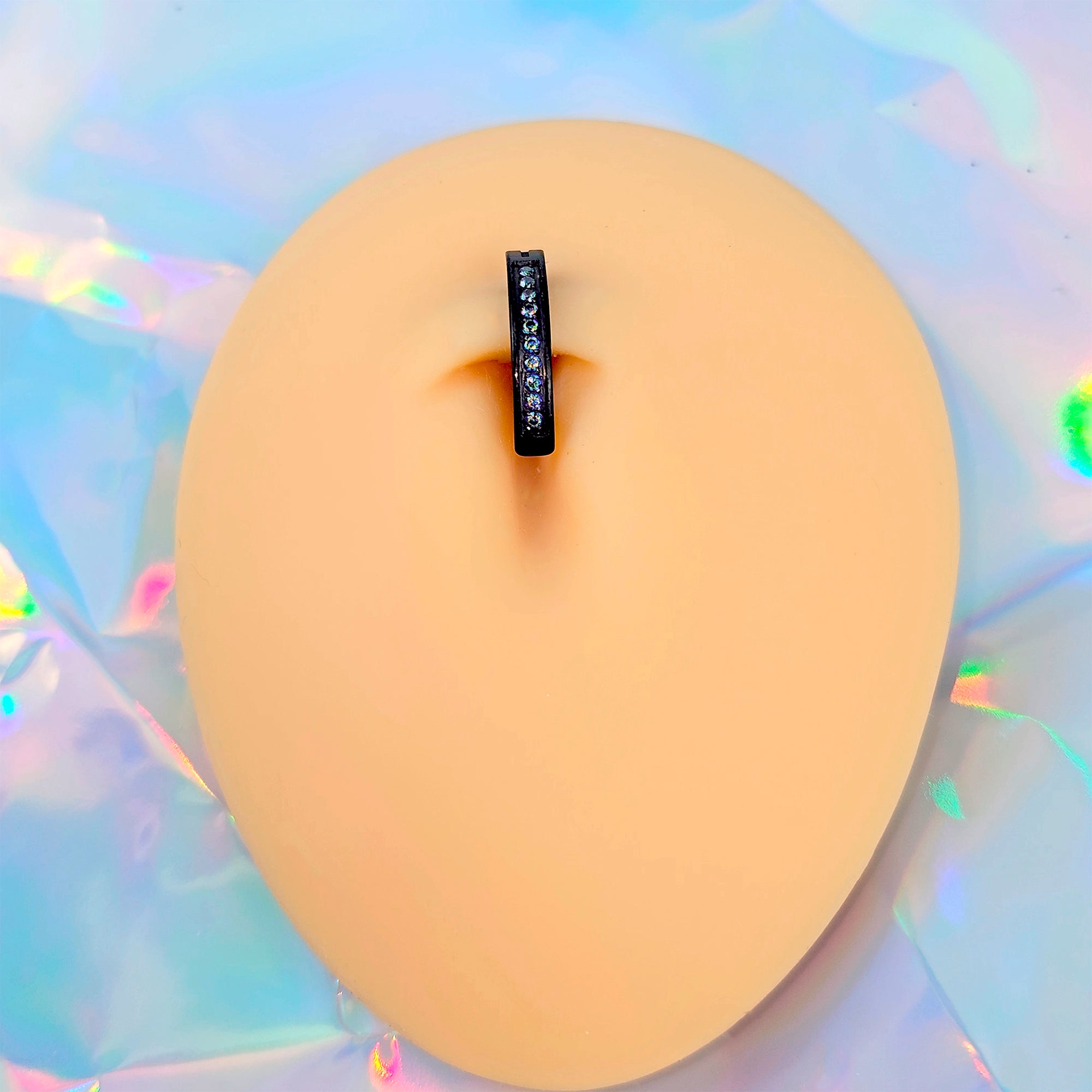 14G 3/8  Black Implant Grade Titanium CZ Paved Hinged Hoop Belly Ring