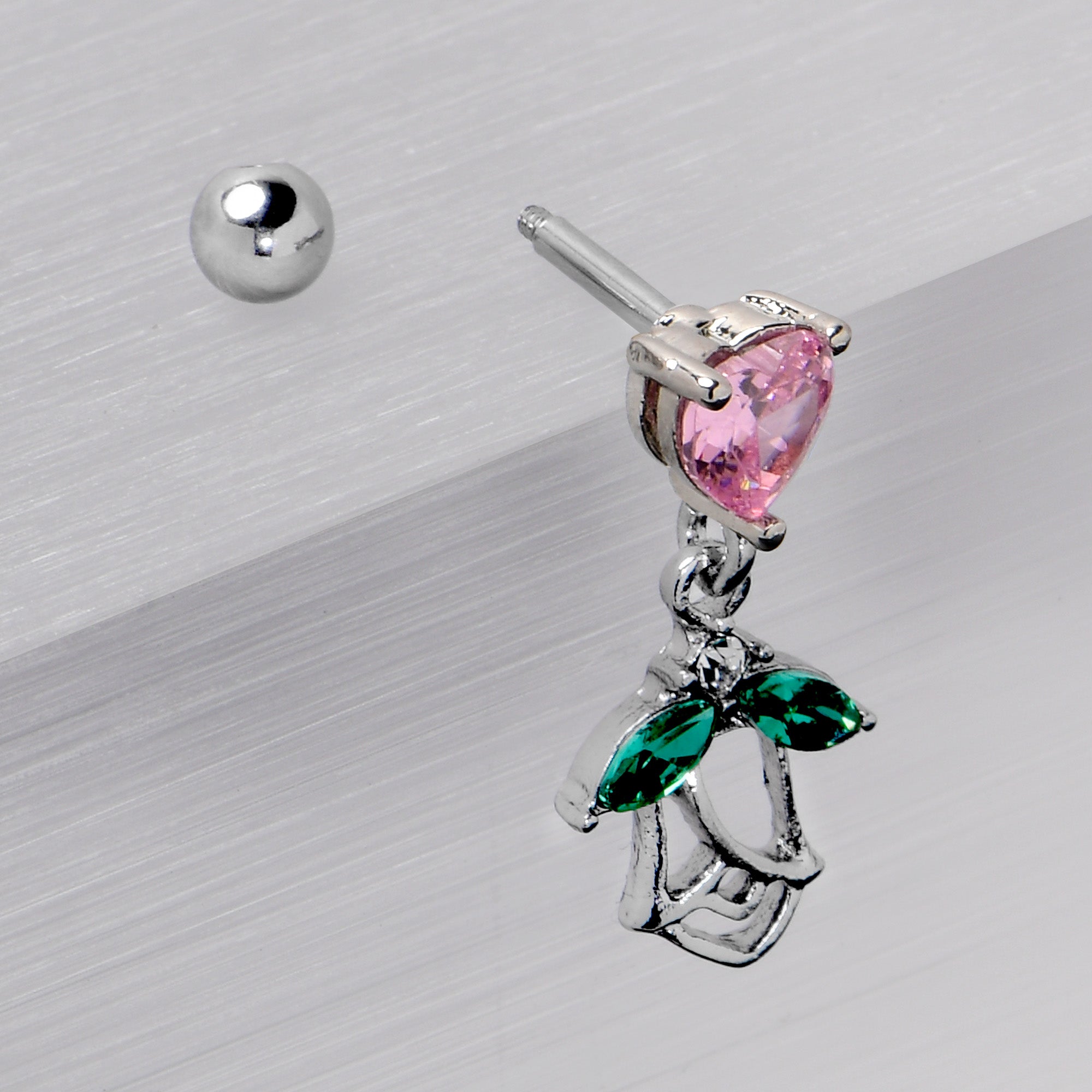 16G 1/4 Pink CZ Gem Heart And Rose Dangle Cartilage Earring