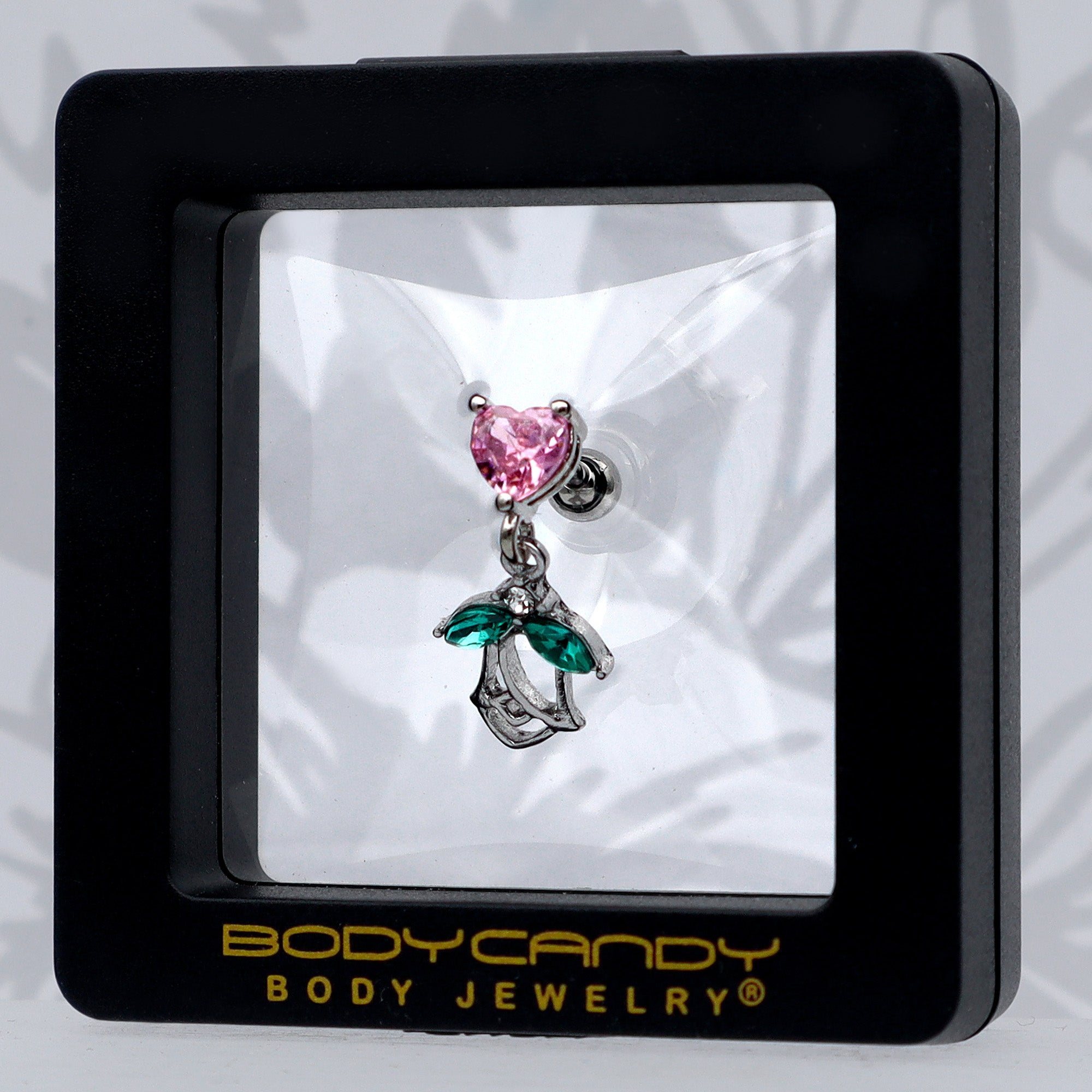 16G 1/4 Pink CZ Gem Heart And Rose Dangle Cartilage Earring