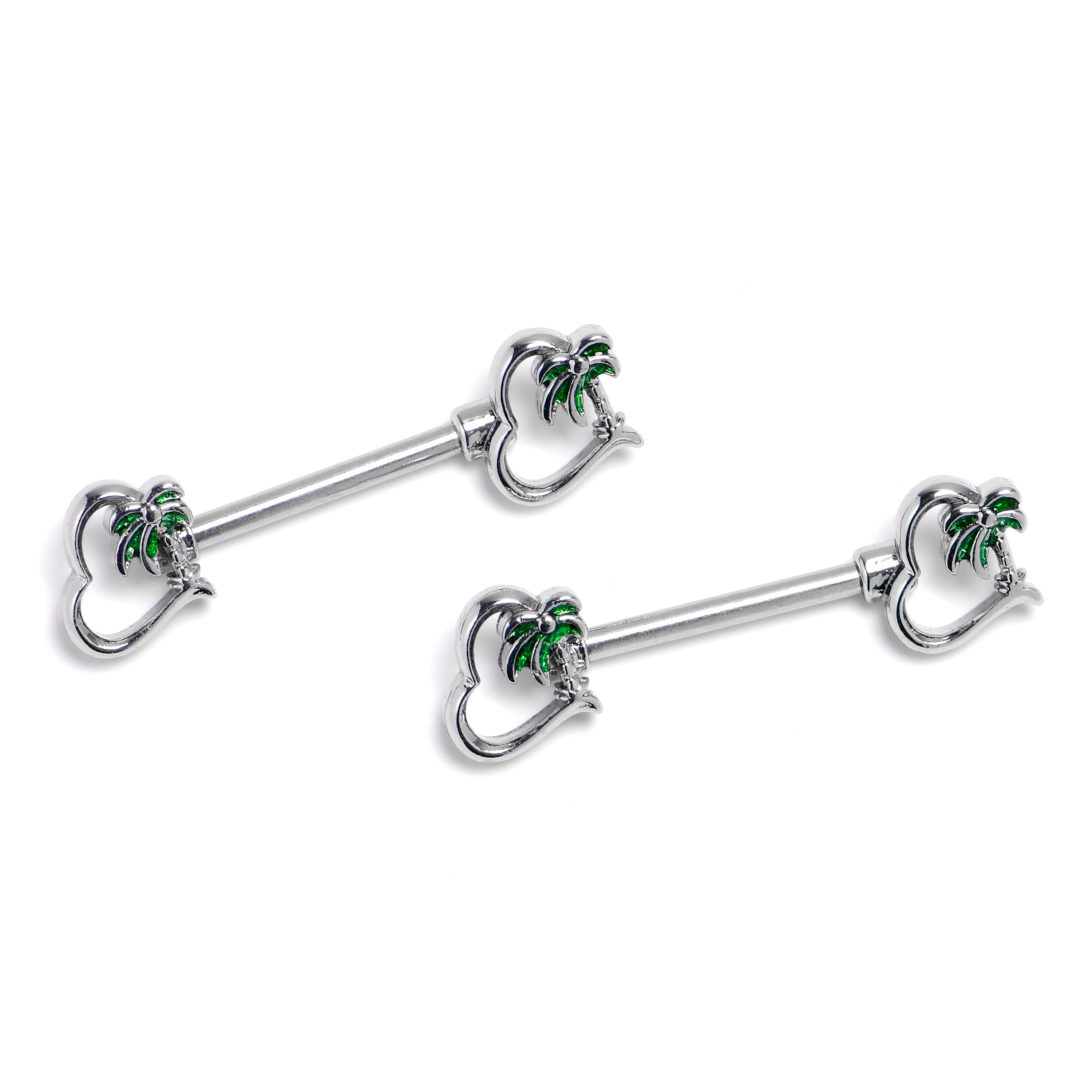 14G 9/16 Palm Tree Love Hearts Barbell Nipple Ring Set