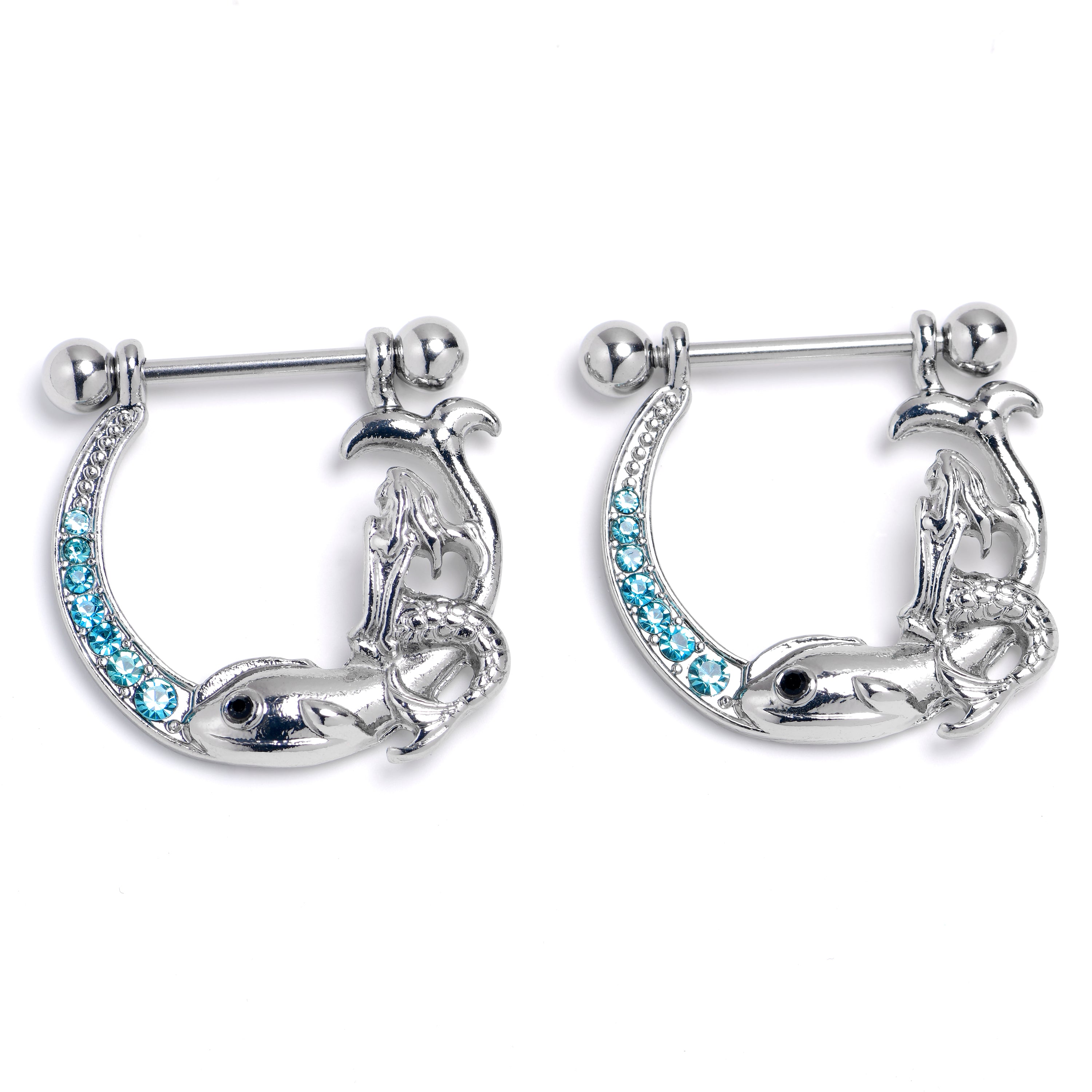 14G 9/16 Blue Gem Fish of the Day Dangle Nipple Ring Set