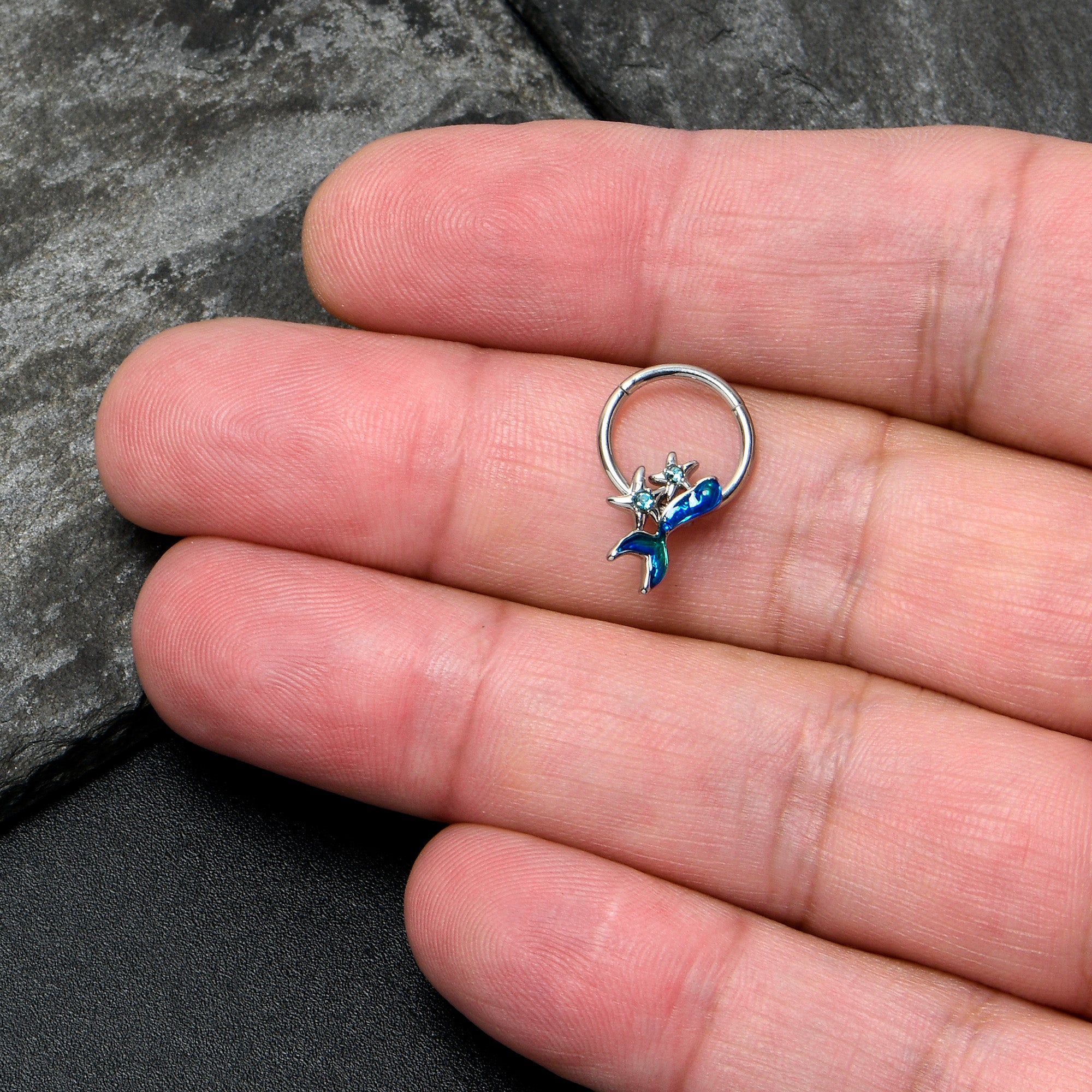 16G 3/8 Blue Gem Blue Mermaid Tail Stars Hinged Segment Ring