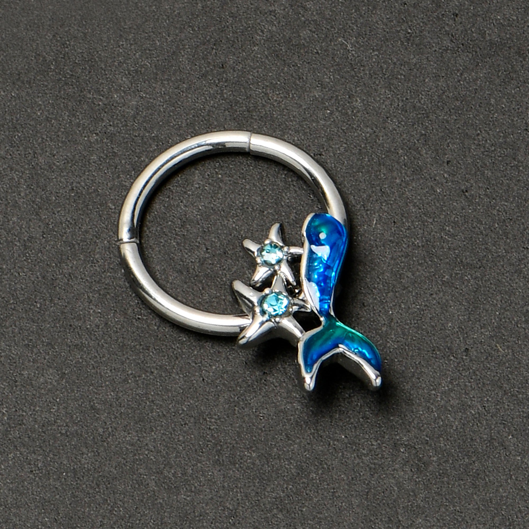 16G 3/8 Blue Gem Blue Mermaid Tail Stars Hinged Segment Ring