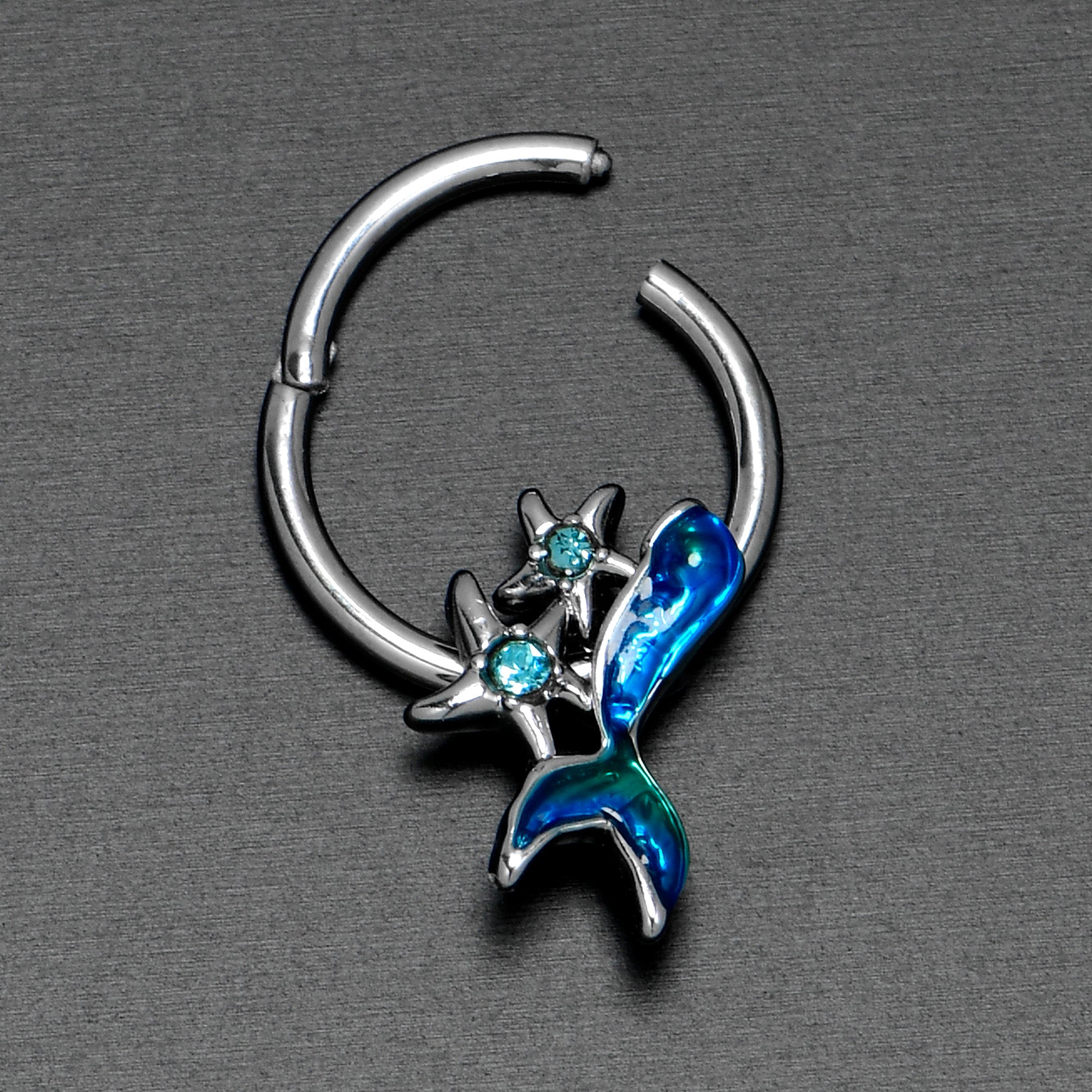 16G 3/8 Blue Gem Blue Mermaid Tail Stars Hinged Segment Ring