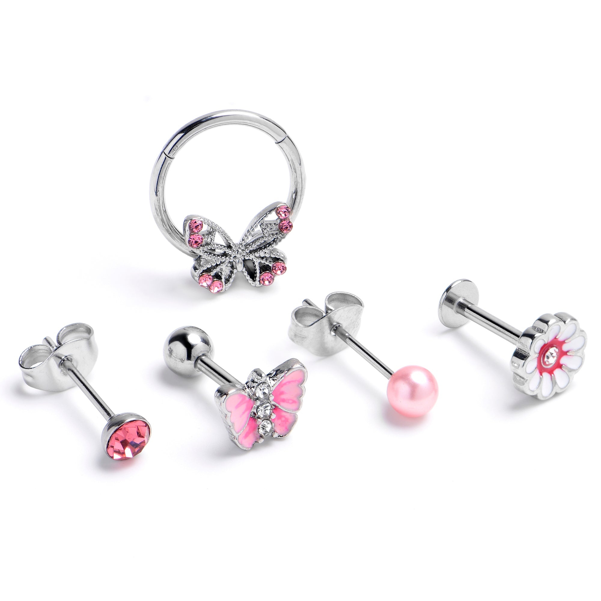 16G 3/8 5/16 Pink Gem Butterfly Labret BCR Cartilage Curation Set of 5