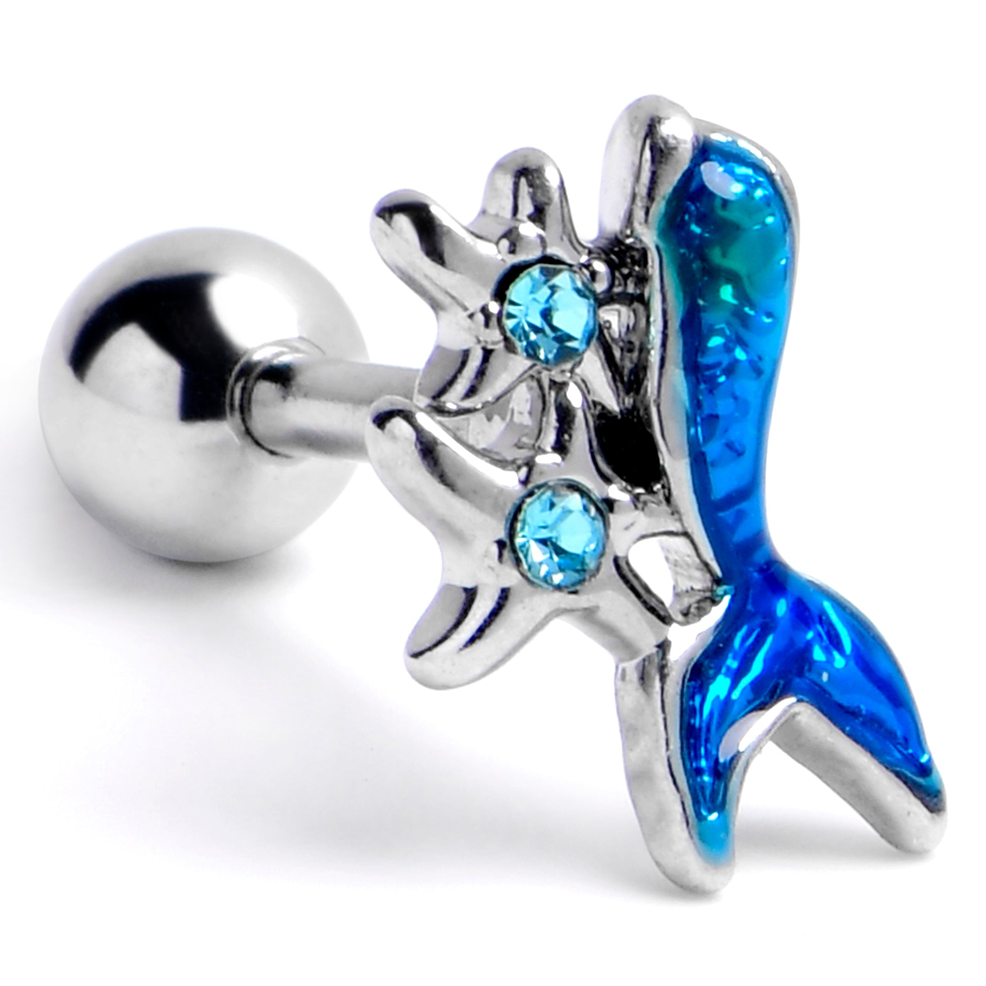 16 Gauge 1/4 Blue Gem Mermaid Tail Blue Stars Cartilage Tragus Earring
